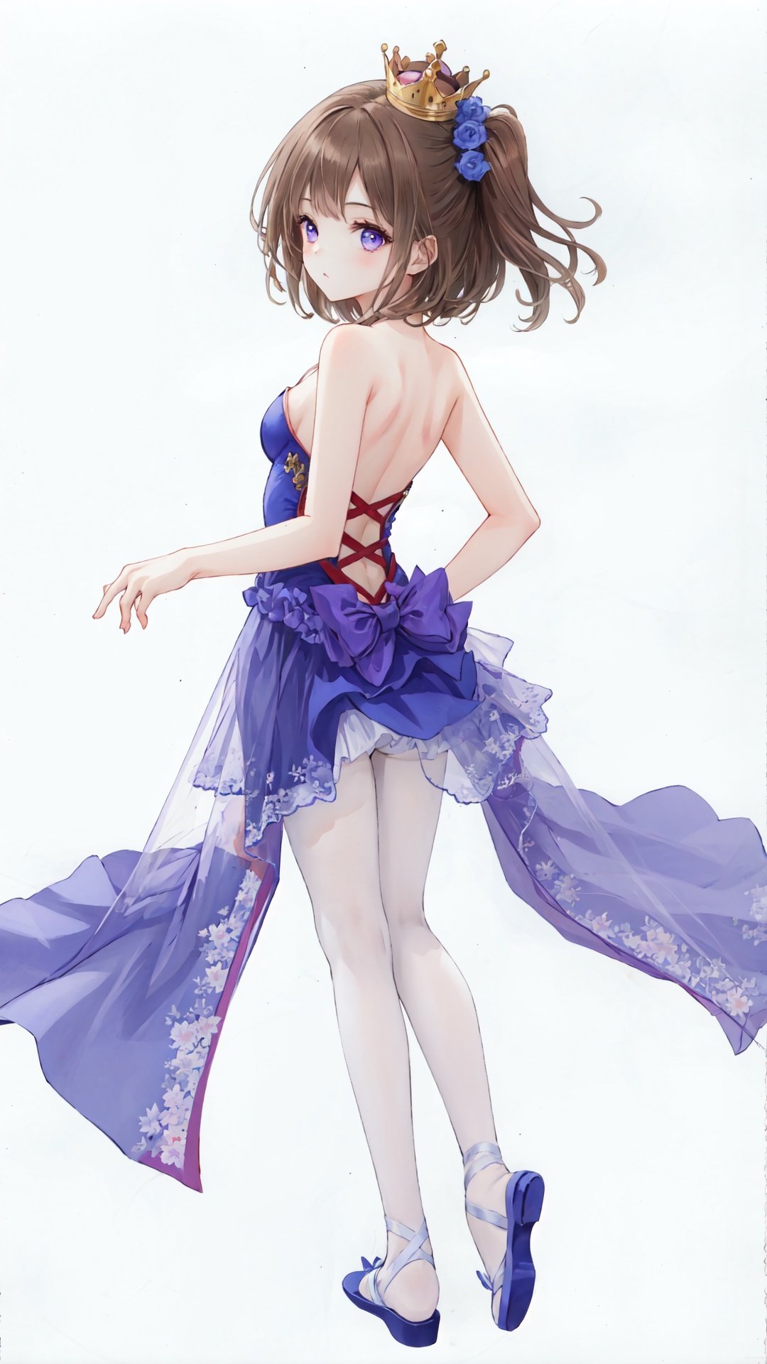 1girl, tutu, ballerina, solo, breasts, ballet slippers, brown hair, ballet, crown, athletic leotard, looking at viewer, leotard, bare shoulders, collarbone, full body, arched back, see-through, cleavage, mini crown, bangs, small breasts, dress, hair ornament, one side up, blue eyes, simple background, purple eyes, long hair