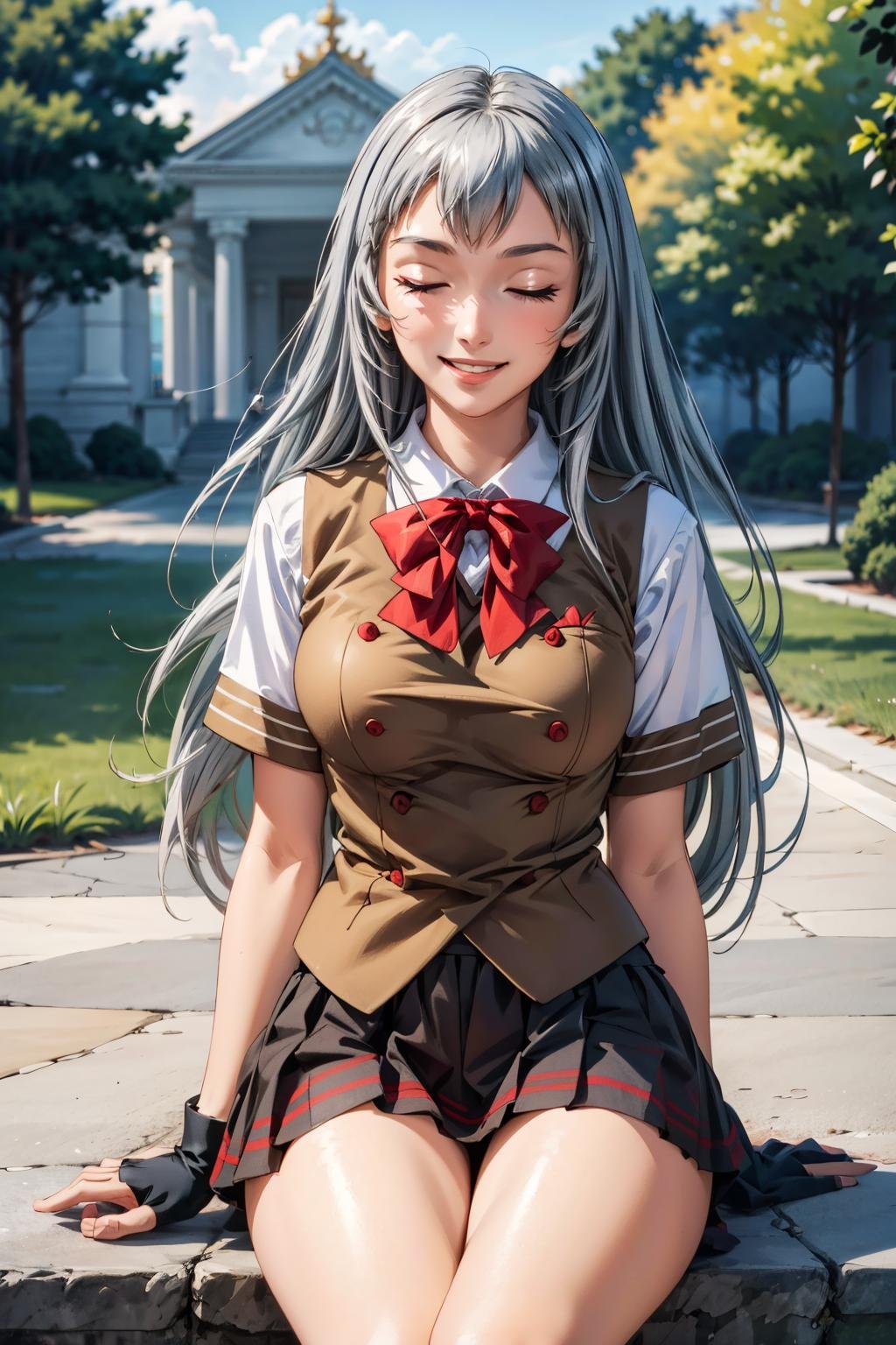 1girl, (masterpiece:1.3), (high resolution), (8K), (extremely detailed), (4k), (pixiv), perfect face, nice eyes and face, (best quality), (super detailed), detailed face and eyes, (solo), textured skin, absurdres, highres, <lora:more_details:0.4>, <lora:shiryuu-08:0.7>, shiryuuwz, very long hair, (closed eyes), school uniform, pleated skirt, miniskirt, grey hair, large breasts, fingerless gloves, short sleeves, bowtie, shirt, vest, outdoors, temple, sitting, parted lips, smile, happy