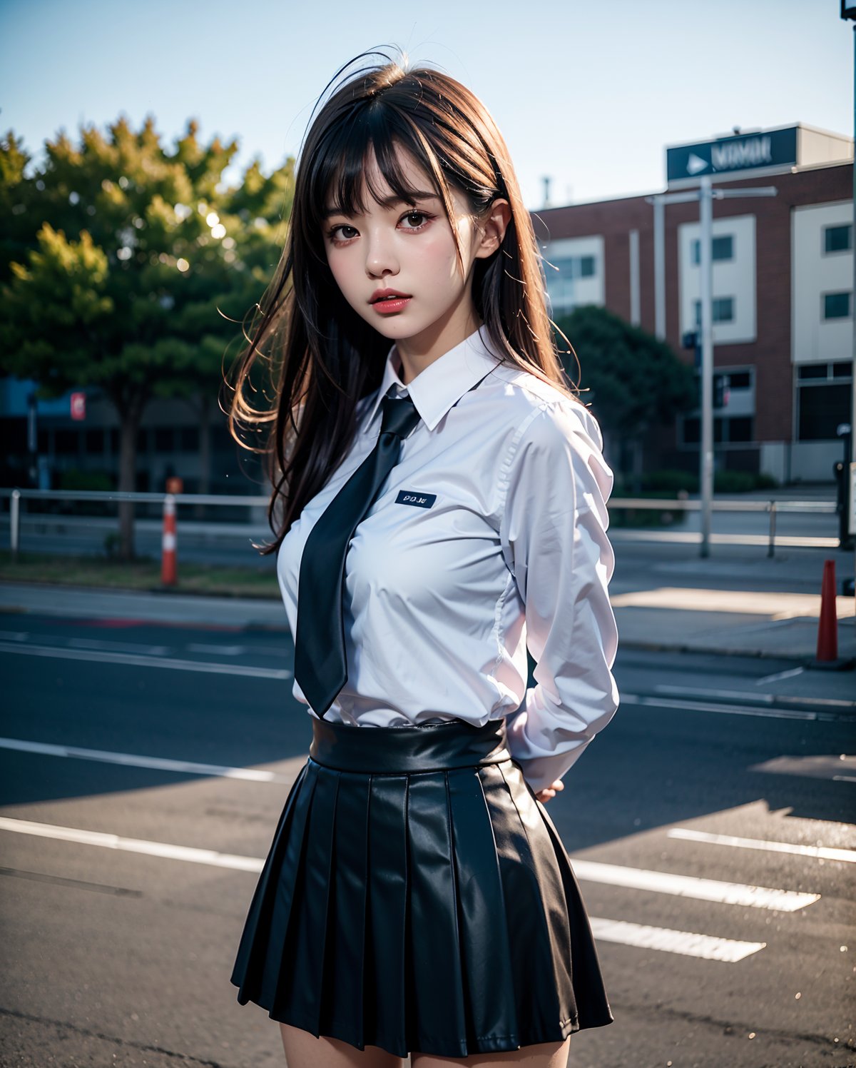 1girl, solo, medium hair, looking at viewer, bangs, large breasts, black hair, straight hair, brown eyes, standing with arms behind back, light blue collared shirt, long sleeve, cowboy shot, black formal tie, blue shirt, lips, black pleated skirt, makeup, girly style, school girl look, arms behind back, realistic, black skirt, in city, stanidng with arms behind back, busty, skinny, 