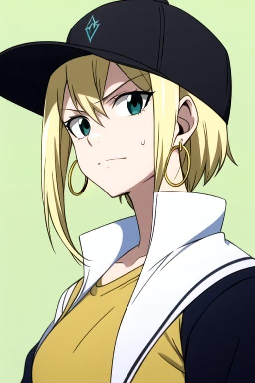 masterpiece, best quality, 1girl, aqua eyes, baseball cap, blonde hair, closed mouth, earrings, green background, hat, hoop earrings, jewelry, looking at viewer, shirt, short hair, simple background, solo, upper body, yellow shirt, <lora:fairy_tail_style:1>, fairy_tail_style