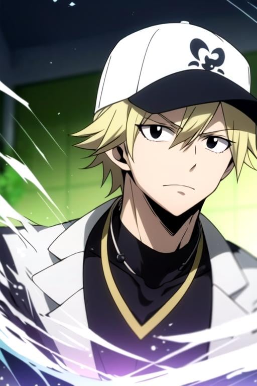 masterpiece, best quality, wallpaper, 1boy, solo, male focus, looking at viewer, , depth of field, , , dark blonde hair, black eyes, , baseball cap, new wave science fiction, , <lora:fairy_tail_style:1>, fairy_tail_style