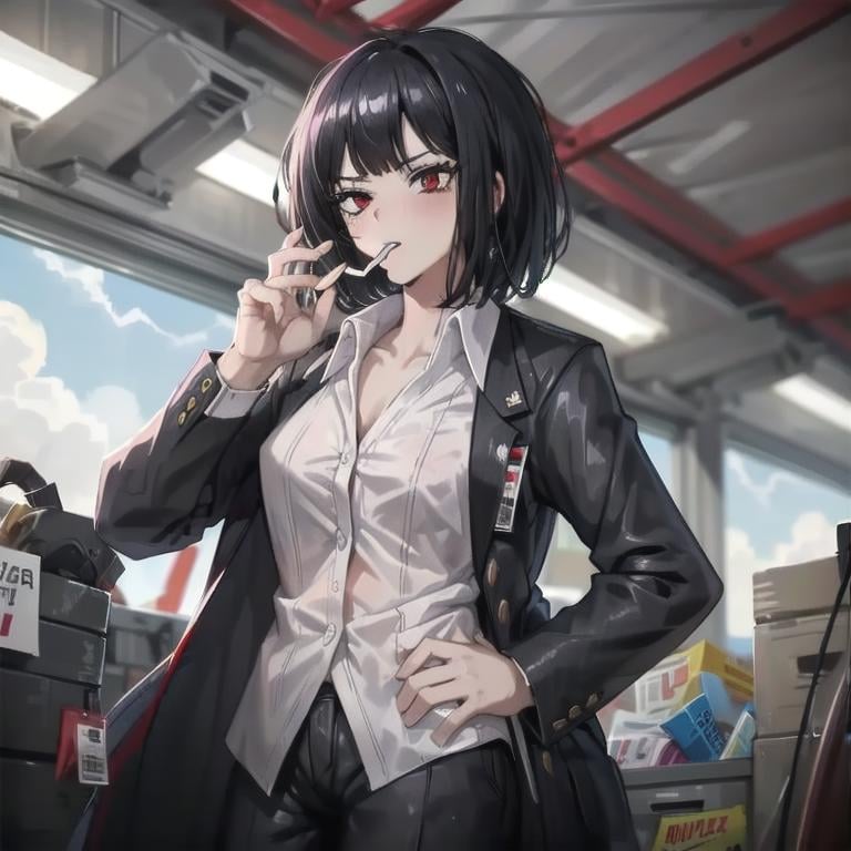 masterpiece, best quality, 1girl, red eyes, black hair, bangs,  short hair, white shirt, black jacket, suit, cigarette in mouth, cigar,  <lora:Ryoshu-05:1>, <lora:limbusCompany_v10:0.7> 