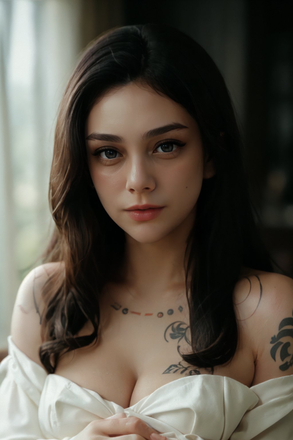 cinematic film still best quality,masterpiece,detailed,16k,beautiful detailed face,beautiful detailed eyes,8k,female_solo,prefect body, prefect face, upper body, (long flowing black hair),(arm sleeve tattoo:1.2), (hands cupping perfect breasts:1.35),  <lora:c3ln-03:1:0.8>, <lora:yuzuv10:0.4> . shallow depth of field, vignette, highly detailed, high budget Hollywood movie, bokeh, cinemascope, moody, epic, gorgeous, film grain, grainy