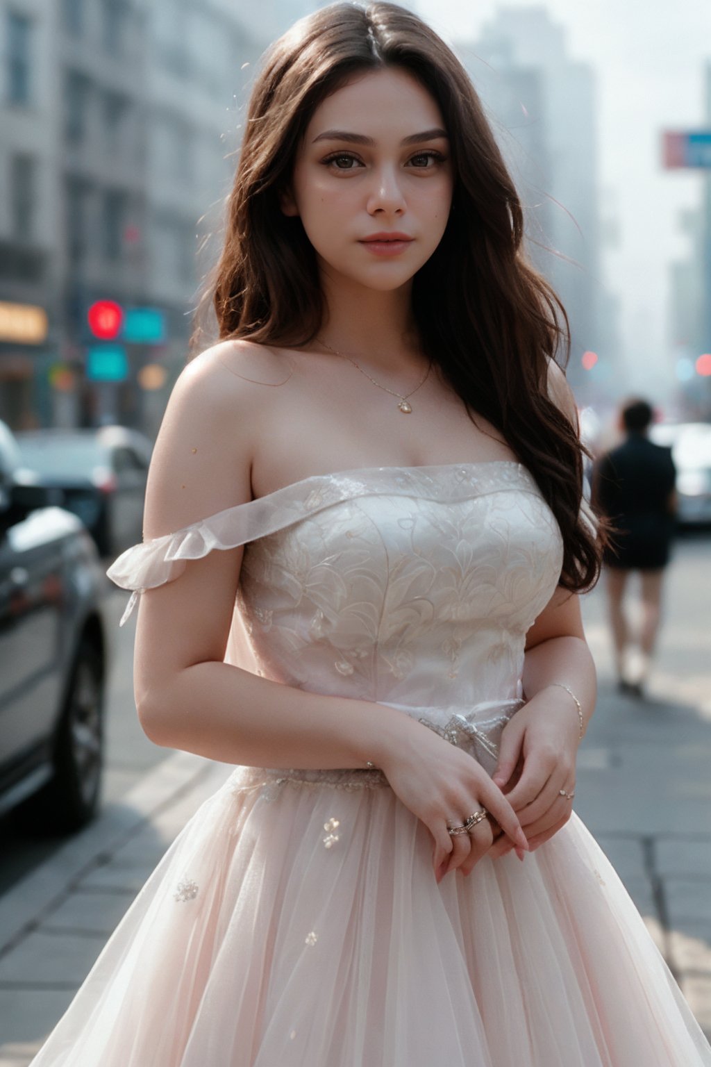 cinematic photo cinematic film still instagram photo, a girl wearing a very expensive wedding dress standing in the streets of a very crowded city posing like a model, a city of the future, messy hair, pale skin, (smile:0.4), soft shadows, no makeup, medium hard tits, studio light,ring light,shallow depth of field,  <lora:c3ln-03:1:0.8>, <lora:yuzuv10:0.4> . shallow depth of field, vignette, highly detailed, high budget Hollywood movie, bokeh, cinemascope, moody, epic, gorgeous, film grain, grainy . 35mm photograph, film, bokeh, professional, 4k, highly detailed
