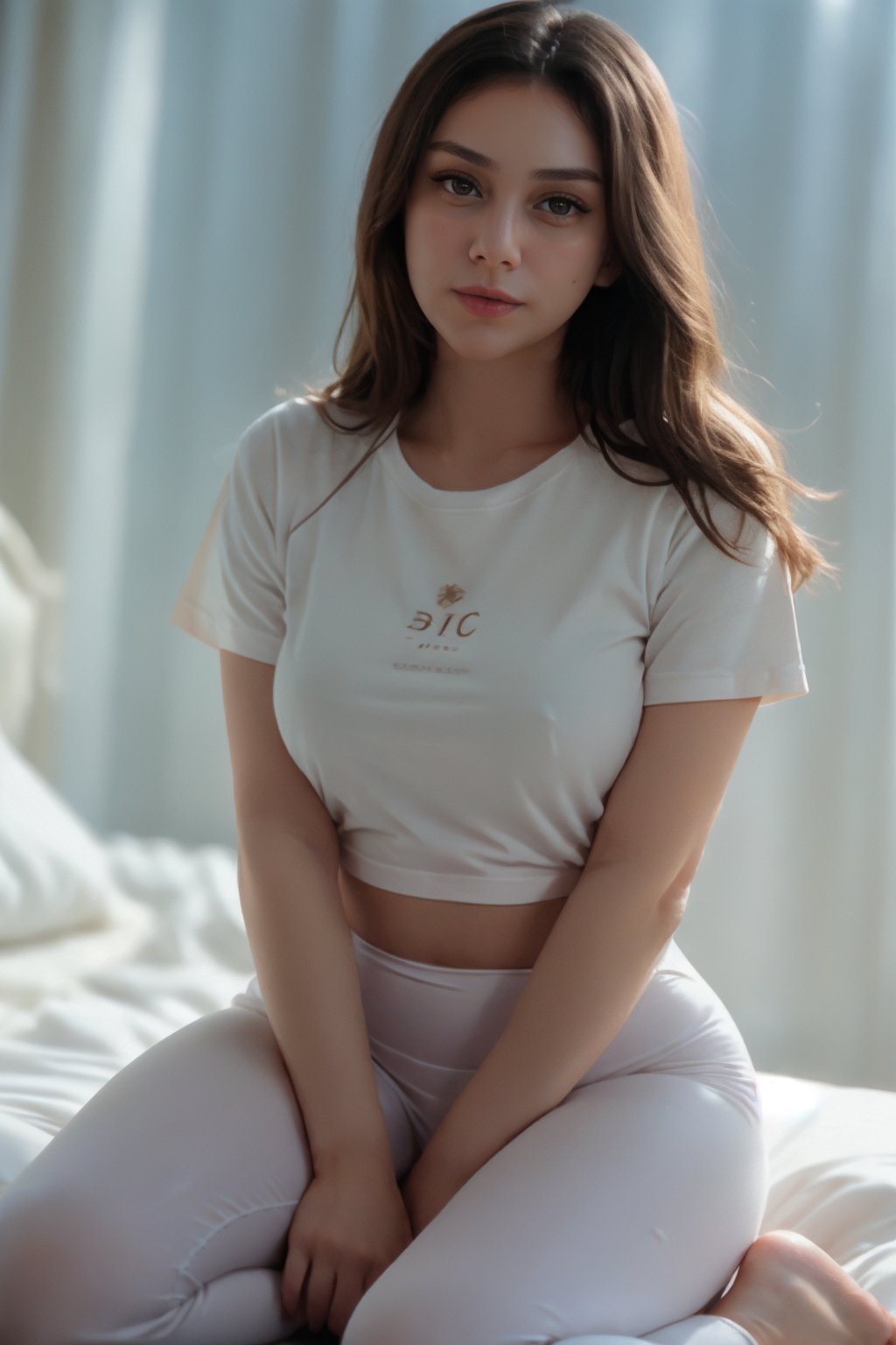 cinematic film still instagram photo, full body photo of 23 y.o pretty brunette girl with brown eyes, wearing sexy white t-shirt, black leggings, eager for sex, laid down in the bed, messy hair, pale skin, (smile:0.4), soft shadows, no makeup, medium hard tits, from head to toe in the photo, bare feet, shallow depth of field,  <lora:c3ln-03:1:0.8>, <lora:yuzuv10:0.8> . shallow depth of field, vignette, highly detailed, high budget Hollywood movie, bokeh, cinemascope, moody, epic, gorgeous, film grain, grainy
