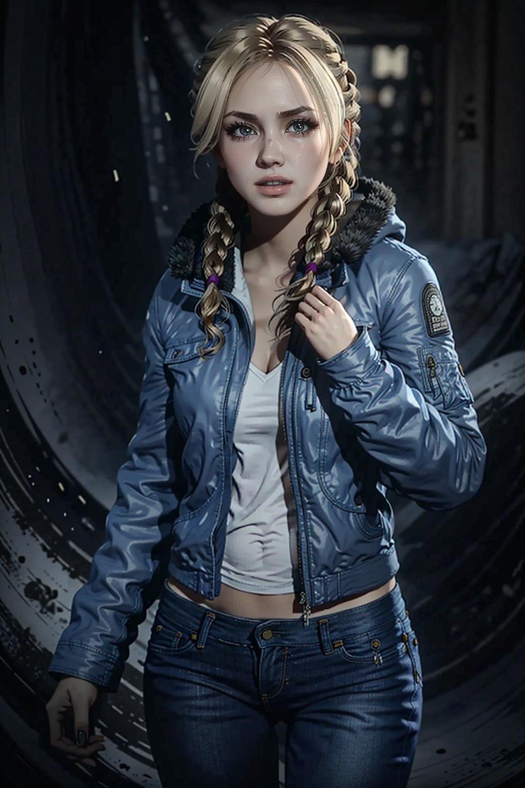 JessicaUntil, 1girl, solo, braid, blonde hair, jacket, denim, realistic, twin braids, pants, dark, jeans<lora:epi_noiseoffset2:1>,   <lora:JessicaUntil:0.7>