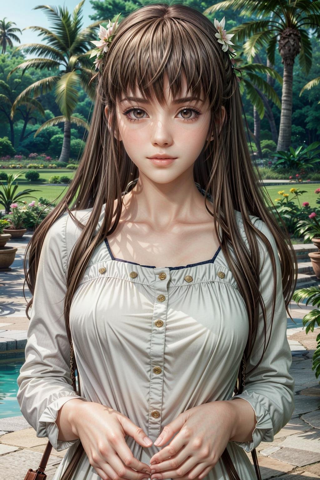 (masterpiece, best quality:1.3)<lora:epi_noiseoffset2:1> <lora:add_detail:0.7> <lora:DOAHitomi:0.8>DOAHitomi, 1girl, solo, long hair, bangs, botanical garden, afternoon, gentle and filtered light among diverse flora