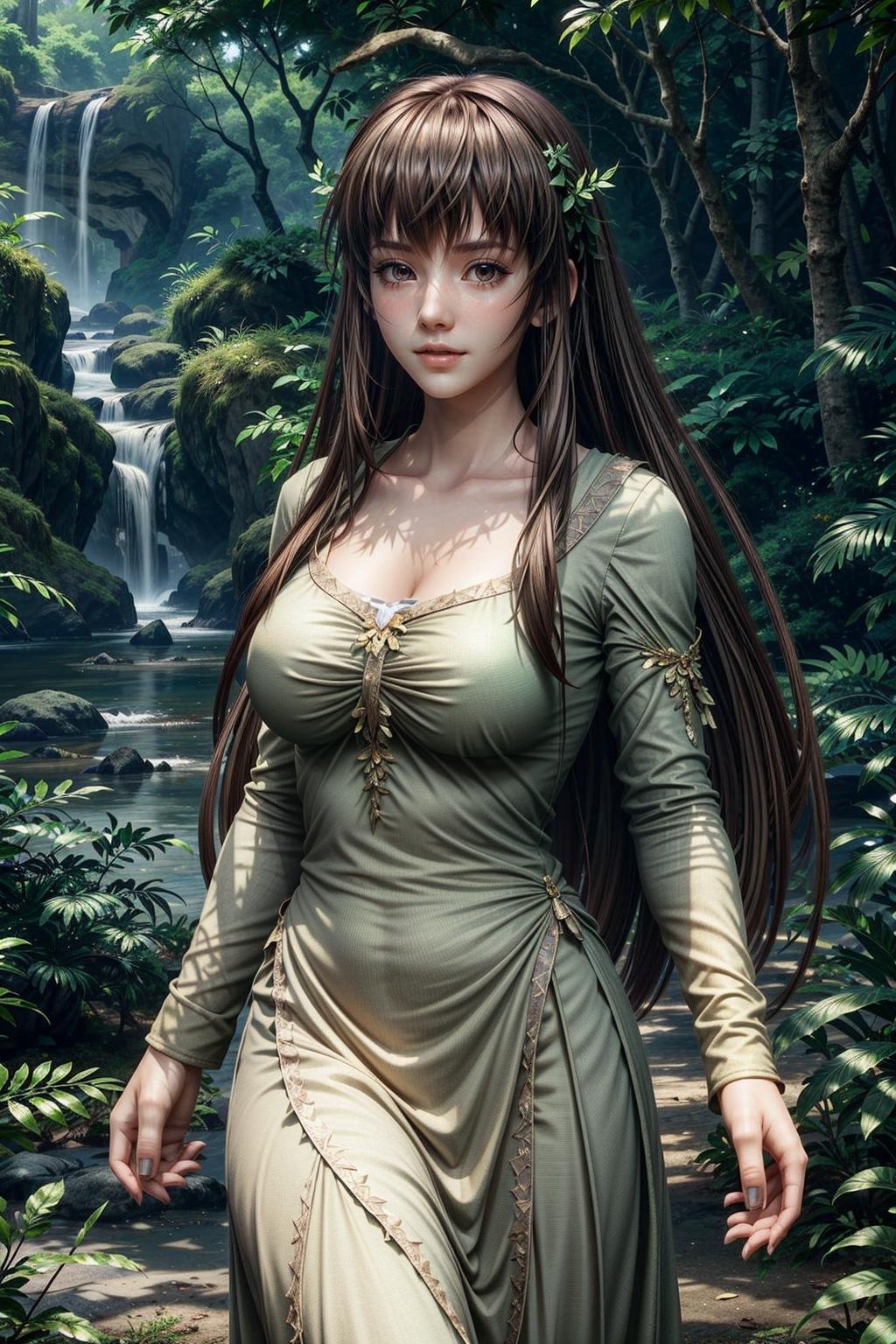 (masterpiece, best quality:1.3)<lora:epi_noiseoffset2:1> <lora:add_detail:0.7> <lora:DOAHitomi:0.8>DOAHitomi, 1girl, solo, long hair, bangs, mystical fairy-tale forest, midday, enchanting and otherworldly with sunlight filtering through dense foliage