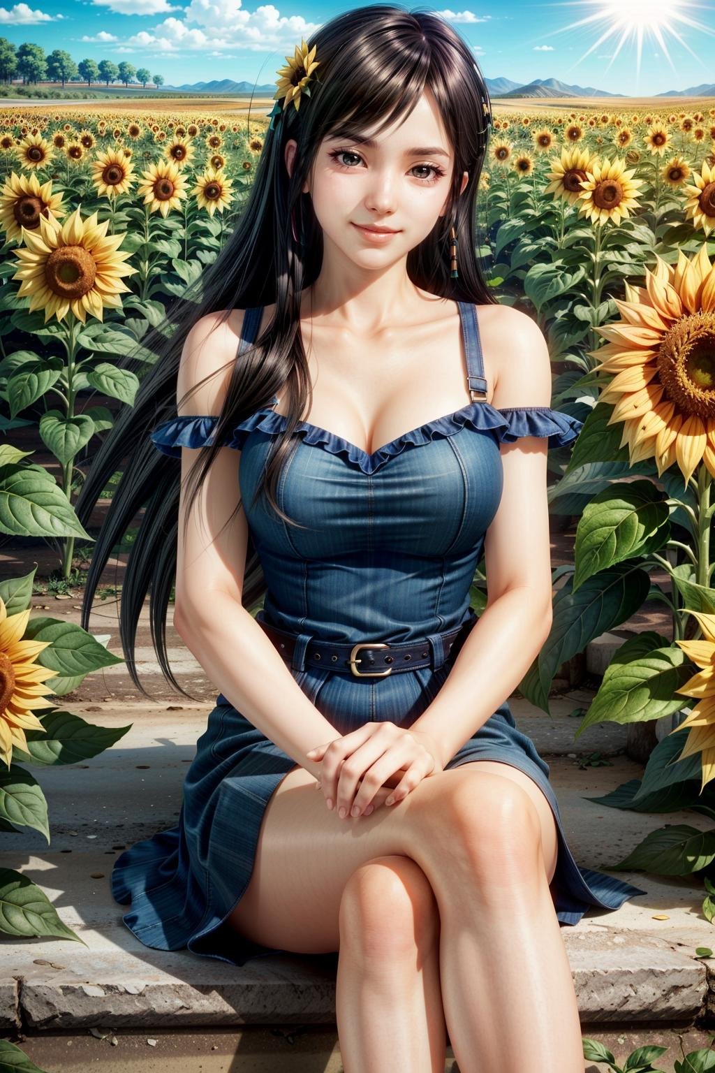 (masterpiece, best quality:1.3)<lora:epi_noiseoffset2:1> <lora:add_detail:0.7>DOAKokoro, 1girl, solo, long hair, sitting in a sunflower field, smiling, sunlight <lora:DOAKokoro:0.8>