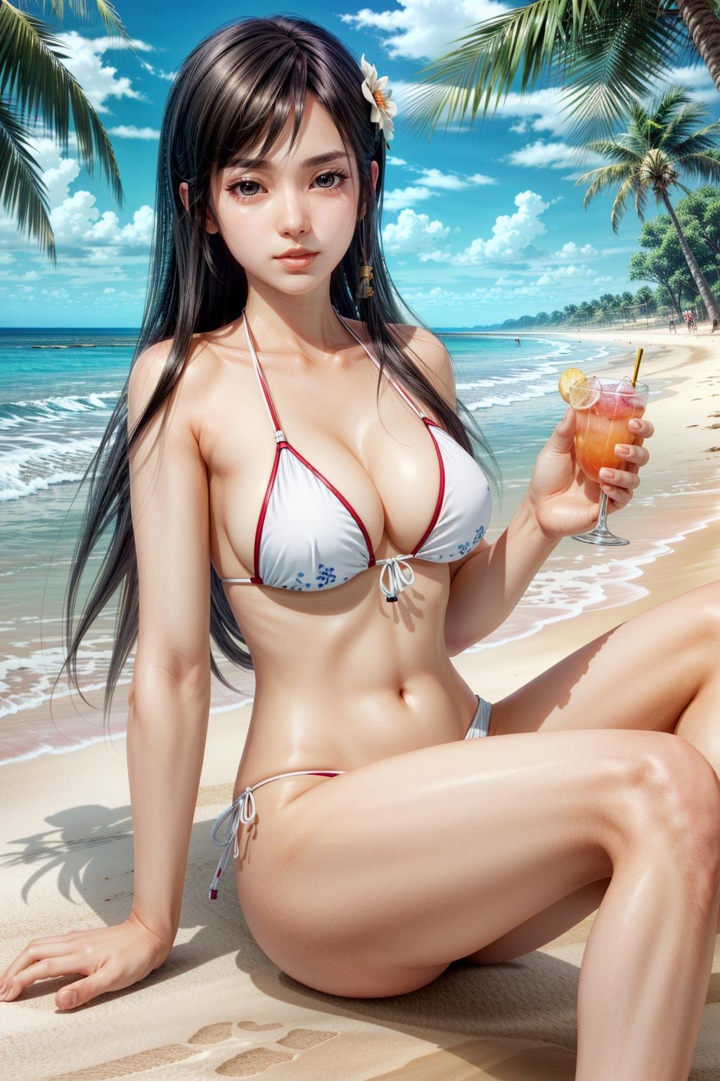 (masterpiece, best quality:1.3)<lora:epi_noiseoffset2:1> <lora:add_detail:0.7>DOAKokoro, 1girl, solo, long hair, at the beach, bikini, sitting, cocktail <lora:DOAKokoro:0.8>