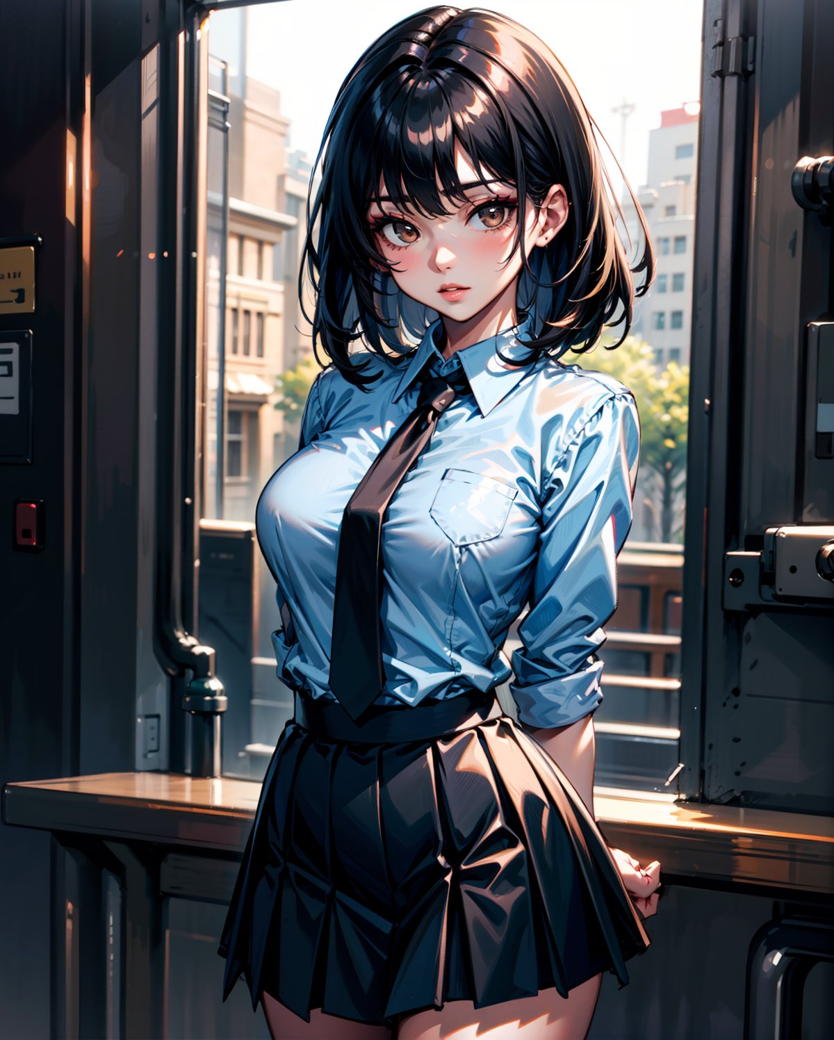 1girl, solo, medium hair, looking at viewer, bangs, large breasts, black hair, straight hair, brown eyes, standing with arms behind back, light blue collared shirt, long sleeve, cowboy shot, black formal tie, blue shirt, lips, black pleated skirt, makeup, girly style, school girl look, arms behind back, realistic, black skirt, in city, stanidng with arms behind back, busty, skinny, 