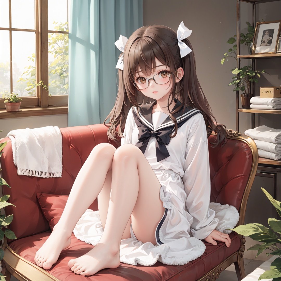 1girl, brown hair, glasses, barefoot, solo, brown eyes, bathtub, sitting, ribbon, looking at viewer, long hair, hair ribbon, sailor collar, couch, bare legs, feet, legs, curtains, cosplay, indoors, white sailor collar, dress