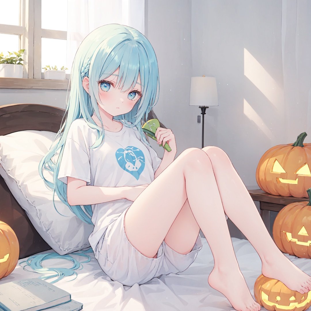 masterpiece, best quality,backlight,Tyndall effect,Crepuscular Rays,1girl,white_hairbangs,long hair,French braid,blue eyes,cold expression,lightseagreen T-shirt,navel,fetal_position ,pumpkin pants
,small_breasts,No shoes on,bedroom,White cloth sofa,White blanket,Dieffenbachia seguine Schott,White curtains,bare feet,bare legs,sole,foot focus,