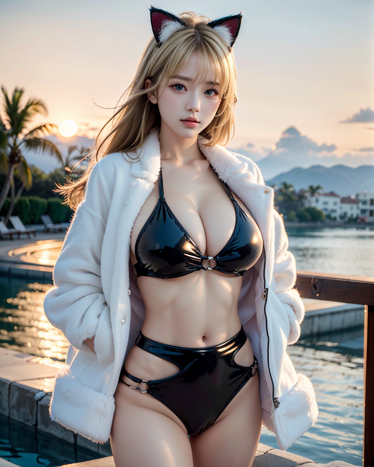 (bust_up_portrait:1.3), long (waist-length:1.2) windblown thin hair, (((shiny blonde thin hair:1.3))),(white and blond hair:1.2), BREAk, (blue eyes,  eyes:1.3), bangs, ((centered image)), a stunning beautiful busty woman, 22yo, (standing with arms down:1.3), 
BREAK, 
masterpiece, best quality, highres, 1girl, (((Cat-eared woman:1.2))), hot model, gal makeup, bitch, looking at viewer:1.3, (smile:0.6), bright smile, beautiful sunset beach, sunset light, wearing a ((glossy spats:1.4),(black pvc bikini:1.3),(fluffy faux fur jacket:1.3)), cowboy shot, ,realistic, busty, sagging breasts:1.37, (huge breasts:1.25),(big breasts), (endowed full bust), slender, hourglass body, (4fingers and thumb), Nature,Extremely Realistic,leonardo