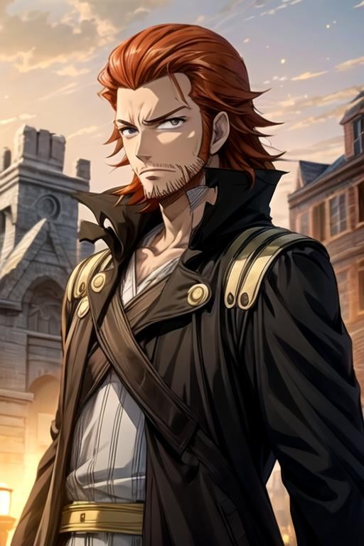 masterpiece, best quality, sketch, 1boy, solo, male focus, looking at viewer, upper body, depth of field, anime coloring, , <lora:gildarts_clive:0.72>, gildarts_clive, orange hair, black eyes, , trench coat, , Narnia: A land of talking animals and magical creatures, ruled by Aslan the lion,