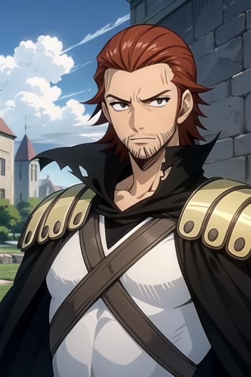 masterpiece, best quality, illustration, 1boy, solo, male focus, looking at viewer, upper body, , anime coloring, , <lora:gildarts_clive:0.66>, gildarts_clive, brown hair, black eyes, , captain costume, medieval europe,