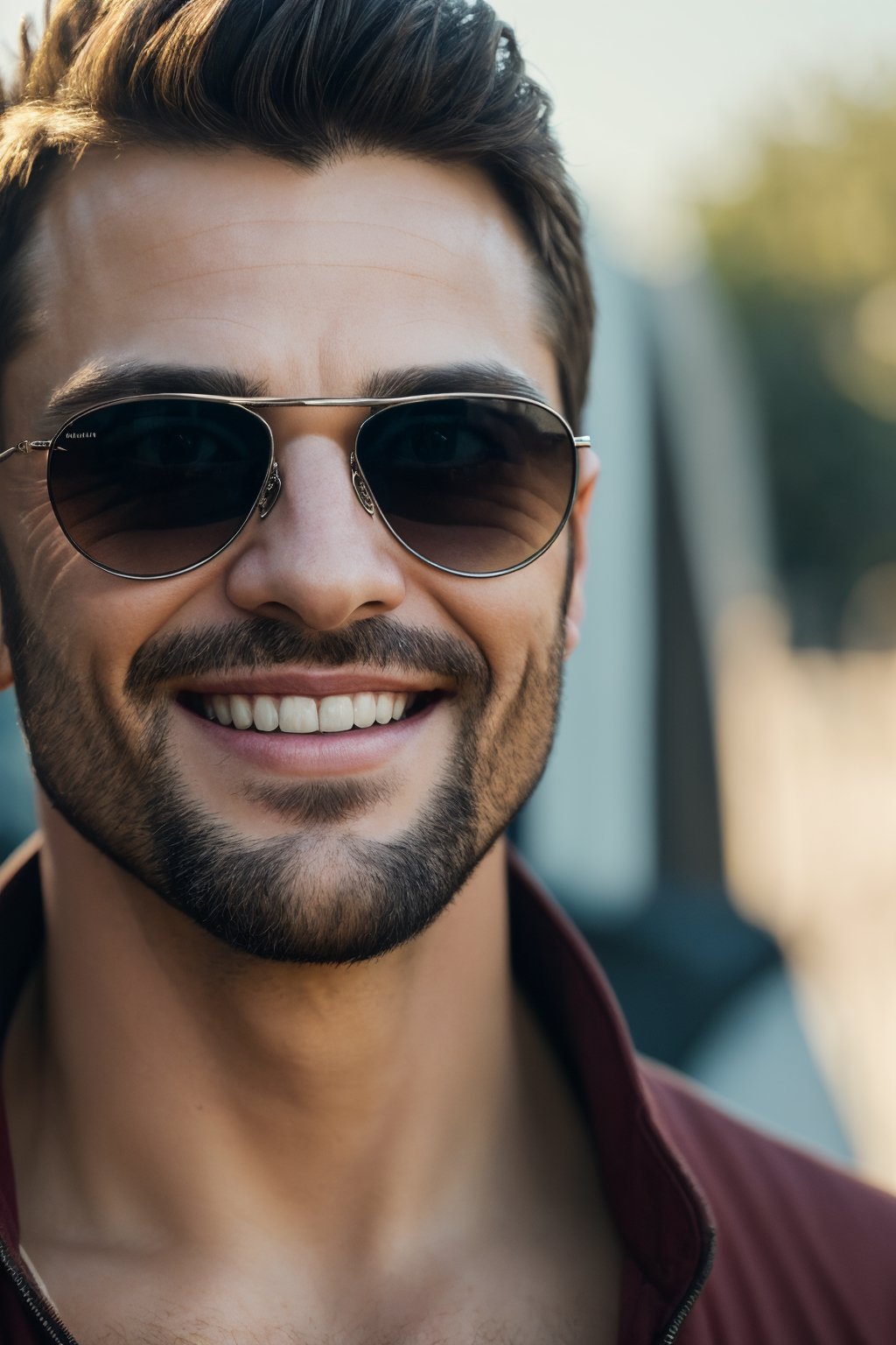 (best quality,8K,highres,masterpiece), ultra-detailed, (photo-realistic, lifelike) close-up portrait of a man with a warm smile, stylish sunglasses, and a relaxed outdoor ambiance. The cinematic lighting adds depth and character to this outdoor photo-realistic masterpiece.