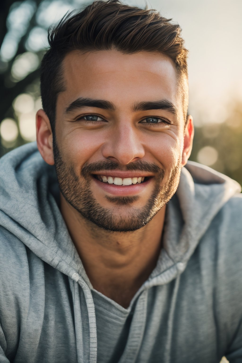 (best quality,8K,highres,masterpiece), ultra-detailed, (photo-realistic, lifelike) close-up portrait of a man with a warm and genuine smile. The outdoor setting adds natural beauty, and the cinematic lighting enhances the photo's (captivating, cinematic) quality, making it a true masterpiece.