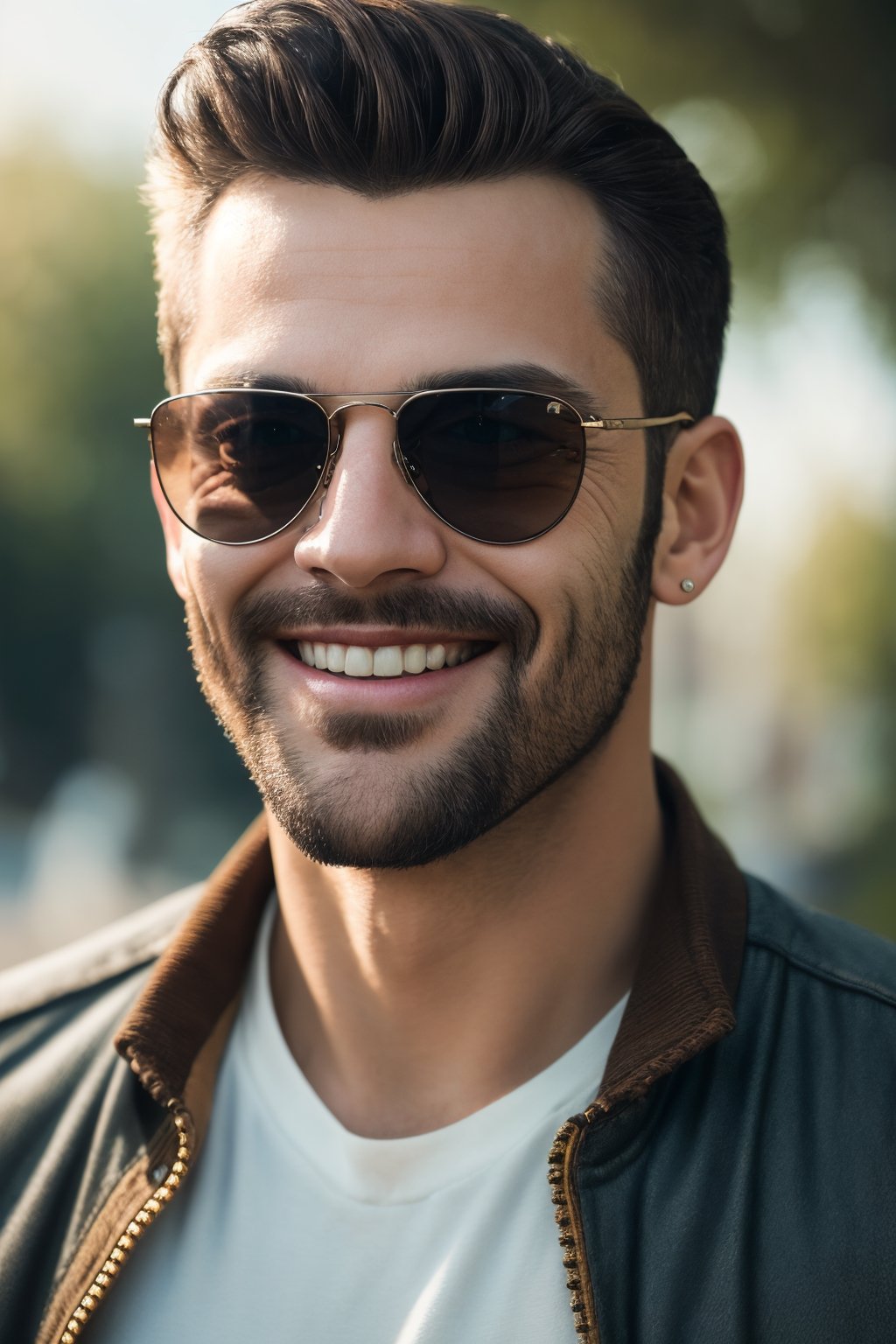 (best quality,8K,highres,masterpiece), ultra-detailed, (photo-realistic, lifelike) close-up portrait of a man with a warm smile, stylish sunglasses, and a relaxed outdoor ambiance. The cinematic lighting adds depth and character to this outdoor photo-realistic masterpiece.