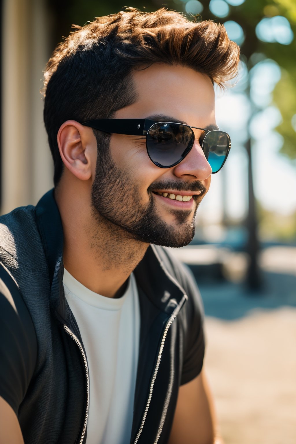 (best quality,8K,highres,masterpiece), ultra-detailed, (photo-realistic, lifelike) close-up portrait of a man with a warm smile, stylish sunglasses, and a relaxed outdoor ambiance. The cinematic lighting adds depth and character to this outdoor photo-realistic masterpiece.