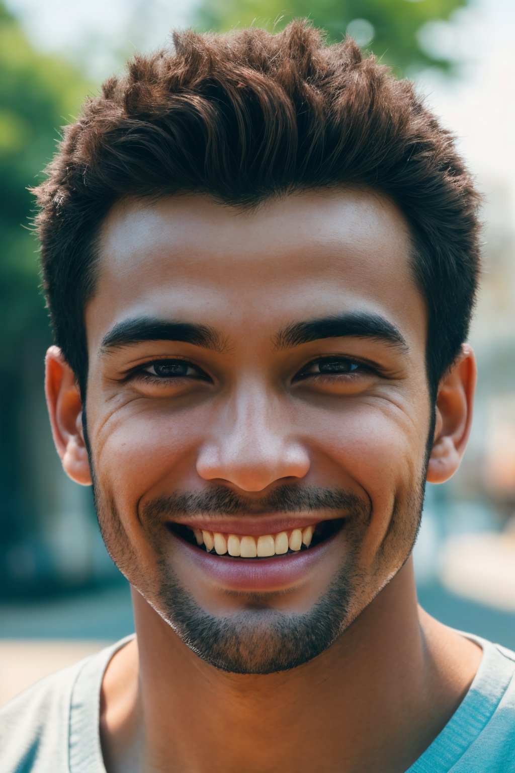 A (striking, compelling) photo-realistic close-up portrait of a man radiating joy with his heartfelt smile. The outdoor environment adds a touch of (natural, cinematic) beauty to the composition. This high-resolution masterpiece captures the warmth and sincerity in the man's expression.