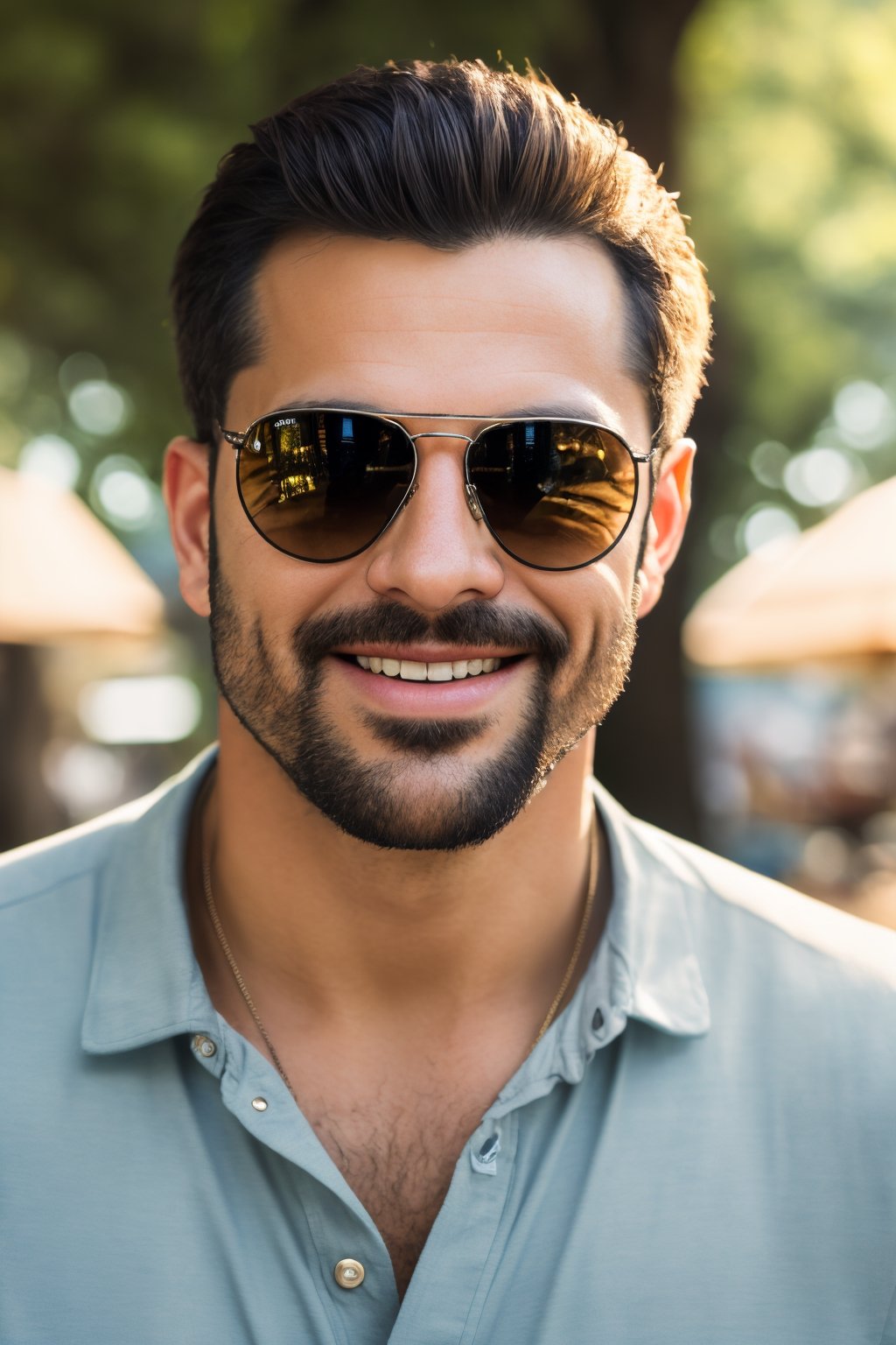 (best quality,8K,highres,masterpiece), ultra-detailed, (photo-realistic, lifelike) close-up portrait of a man with a warm smile, stylish sunglasses, and a relaxed outdoor ambiance. The cinematic lighting adds depth and character to this outdoor photo-realistic masterpiece.