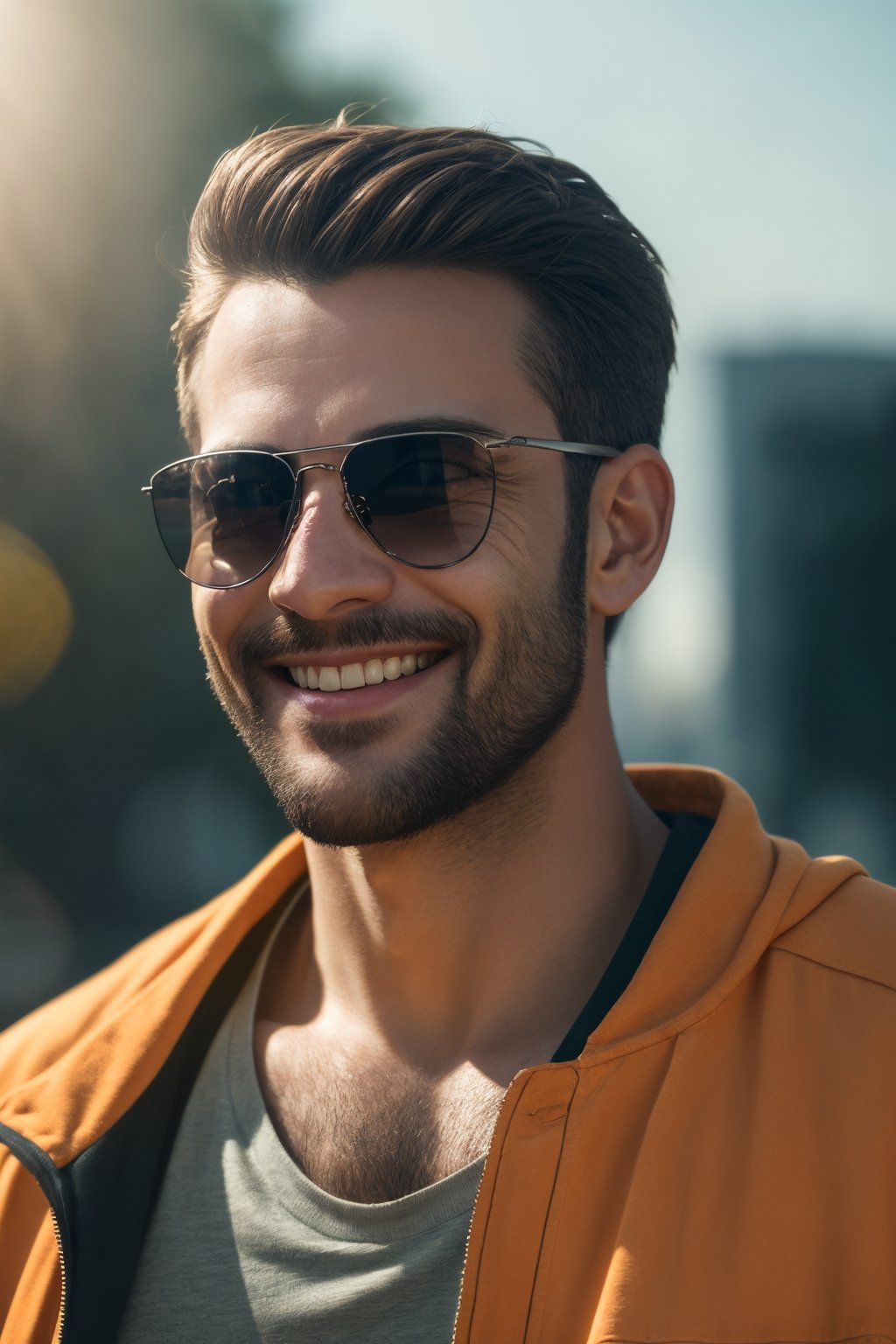 (best quality,8K,highres,masterpiece), ultra-detailed, (photo-realistic, lifelike) close-up portrait of a man with a warm smile, stylish sunglasses, and a relaxed outdoor ambiance. The cinematic lighting adds depth and character to this outdoor photo-realistic masterpiece.