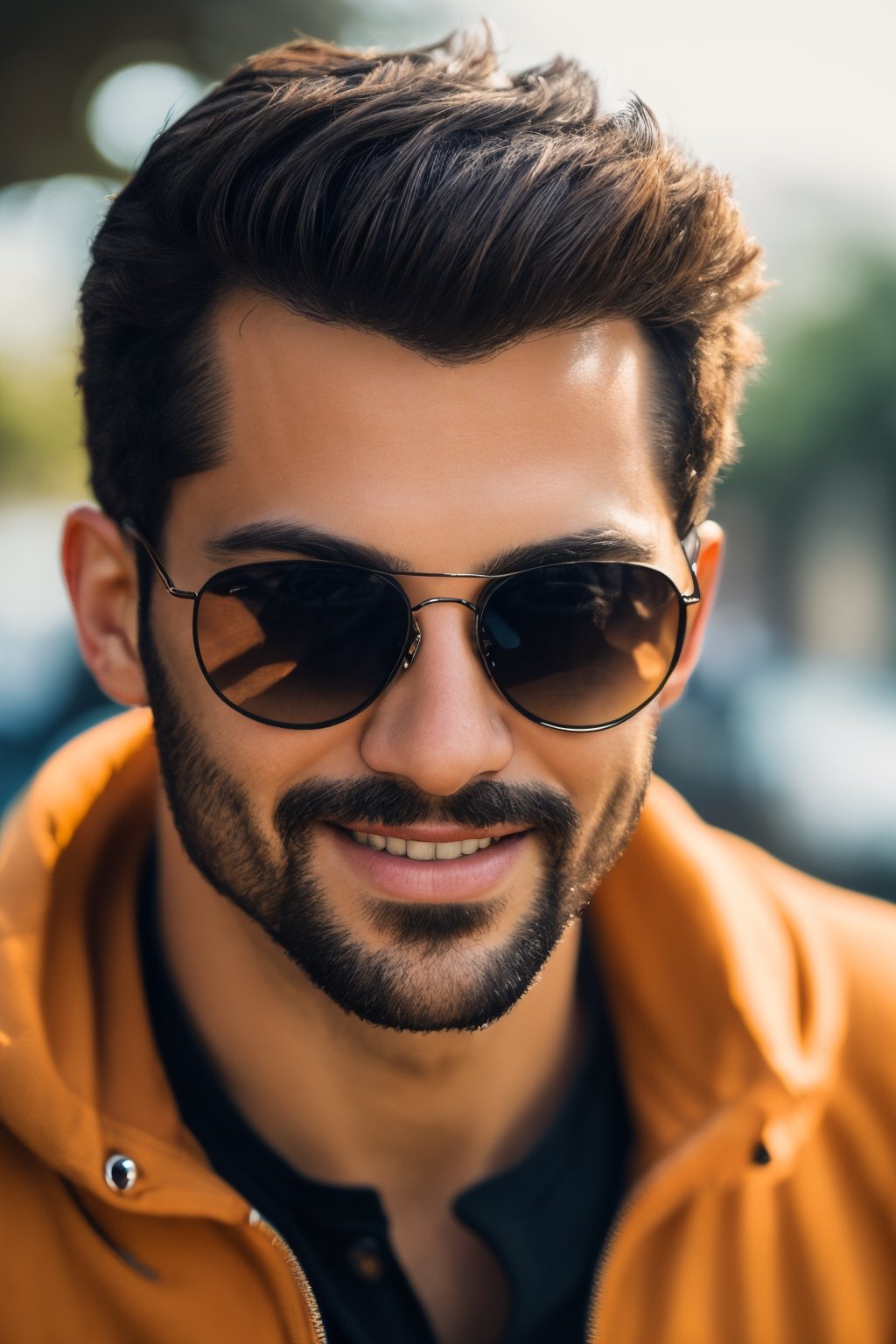 (best quality,8K,highres,masterpiece), ultra-detailed, (photo-realistic, lifelike) close-up portrait of a man with a warm smile, stylish sunglasses, and a relaxed outdoor ambiance. The cinematic lighting adds depth and character to this outdoor photo-realistic masterpiece.