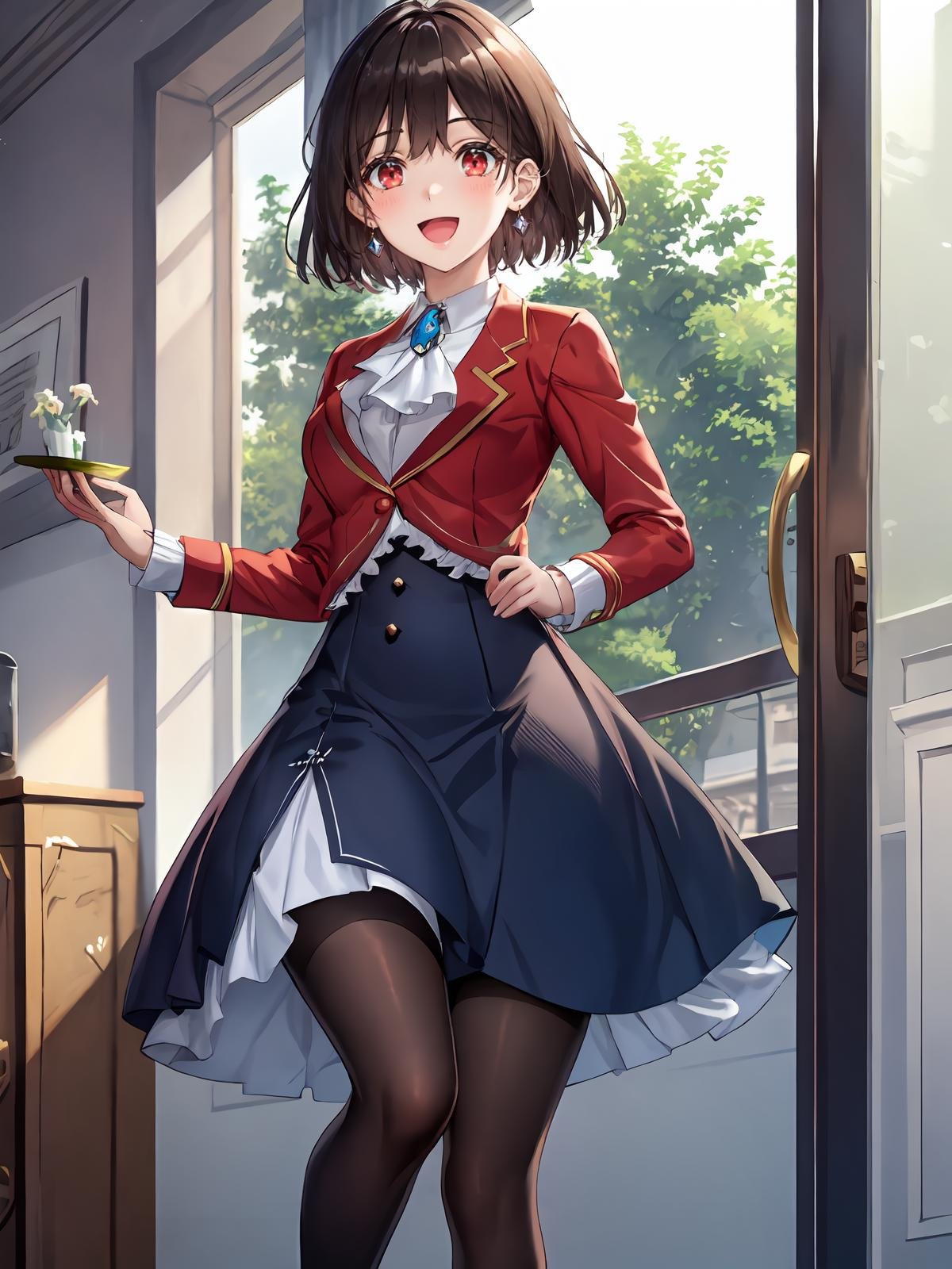 (extremely detailed CG), (best quality), perfect face, shiny skin, lustrous skin,wide hips,   1girl,solo ,    <lora:RaeTaylor-10:0.7> RaeTaylor,blue skirt,ascot,shoes,collared shirt, bands, jewelry,black pantyhose,frils,long sleeves,school uniform, red eyes, (red jacket:1),brooch,skirt,jacket, short hair, brown hair, :D 