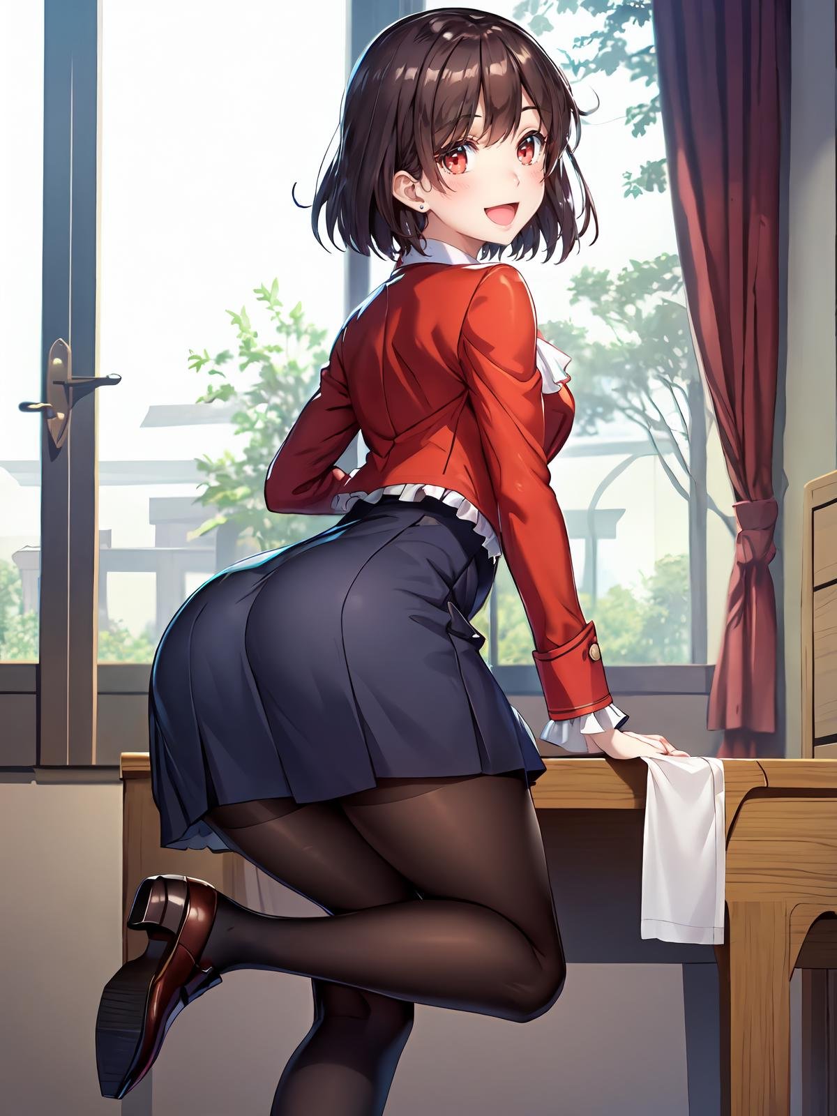 (extremely detailed CG), (best quality), perfect face, shiny skin, lustrous skin,wide hips,   1girl,solo ,    <lora:RaeTaylor-10:0.7> RaeTaylor,blue skirt,ascot,shoes,collared shirt, bands, jewelry,black pantyhose,frils,long sleeves,school uniform, red eyes, (red jacket:1),brooch,skirt,jacket, short hair, brown hair, :D ass, ass focus, looking back, 