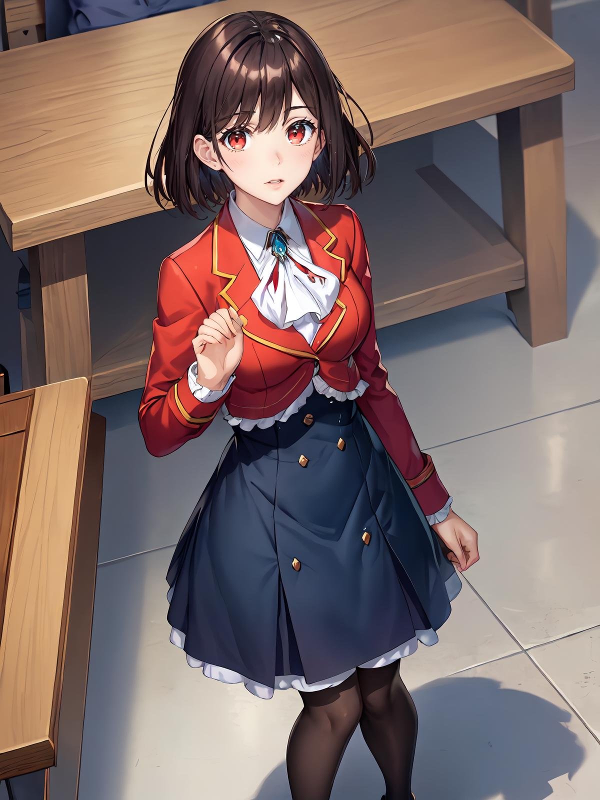 (extremely detailed CG), (best quality), perfect face, shiny skin, lustrous skin,wide hips,   1girl,solo ,    <lora:RaeTaylor-10:0.7> RaeTaylor,blue skirt,ascot,shoes,collared shirt, bands, jewelry,black pantyhose,frils,long sleeves,school uniform, red eyes, red jacket,brooch,skirt,jacket, short hair, brown hair, own hands together,looking at viewer, 