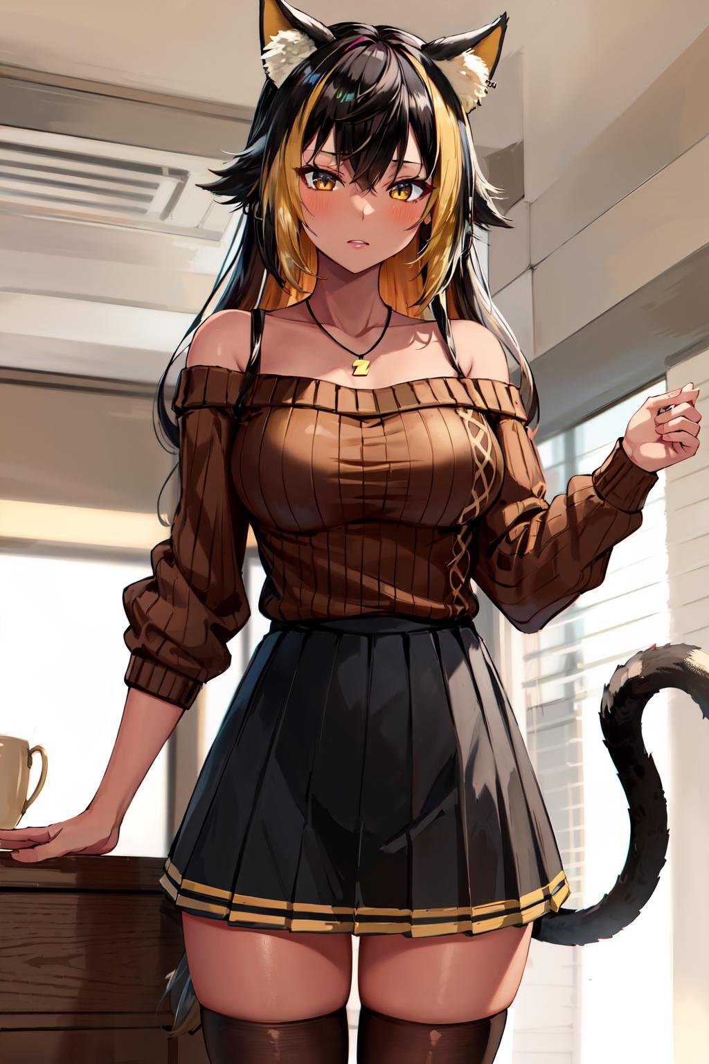 masterpiece, best quality, highres, hmnc1, animal ears, tail, dark skin, multicolored hair, black thighhighs, off-shoulder sweater, pleated skirt, black skirt, jewelry, necklace, ribbed sweatet, collarbone, <lora:nekoyo_chloe_v1:0.7>, cowboy shot, standing, indoors