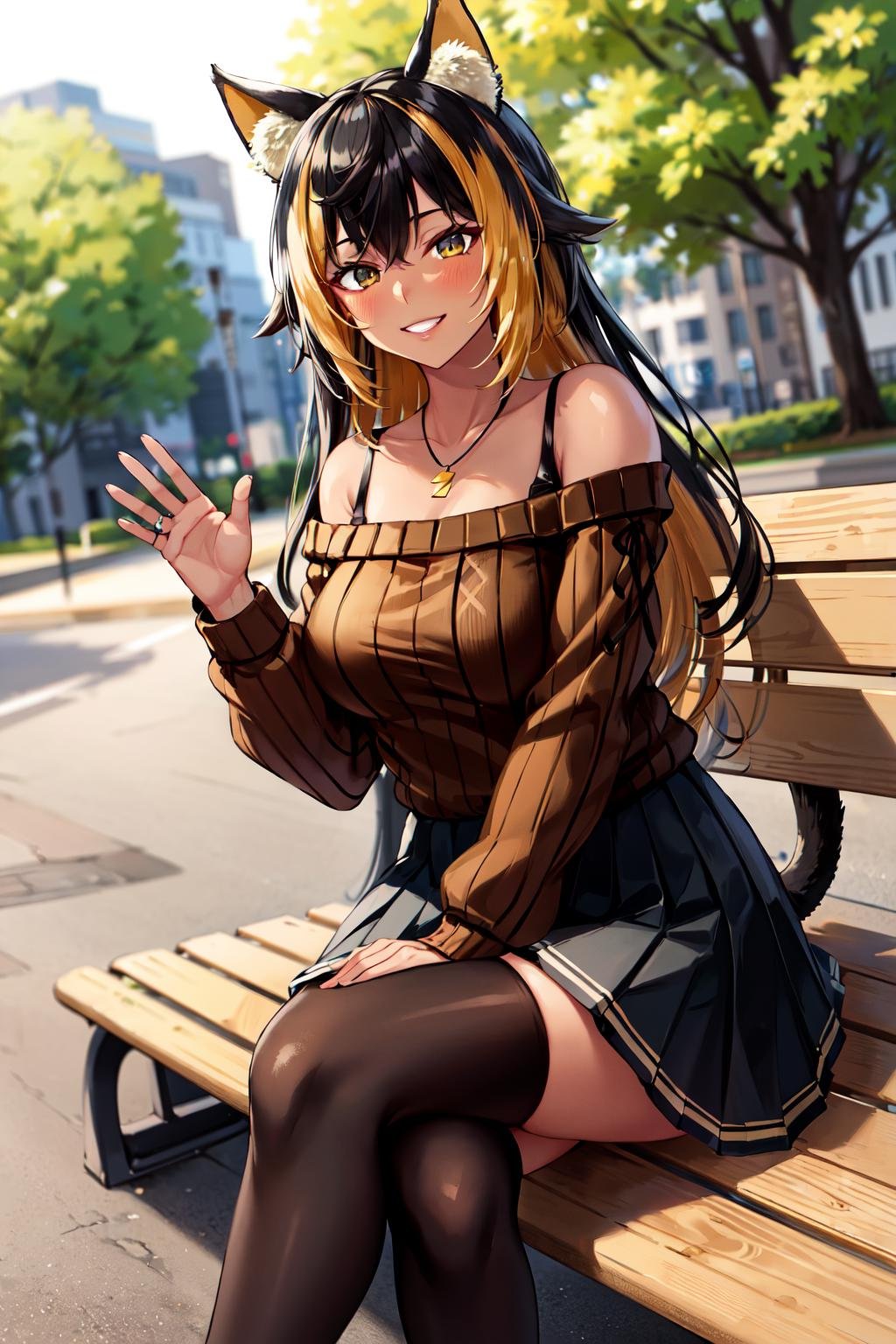 masterpiece, best quality, highres, hmnc1, animal ears, tail, dark skin, multicolored hair, black thighhighs, off-shoulder sweater, pleated skirt, black skirt, jewelry, necklace, ribbed sweater, collarbone, <lora:nekoyo_chloe_v1:0.7>, cowboy shot, sitting, outdoors, bench, crossed legs, waving, smile, park