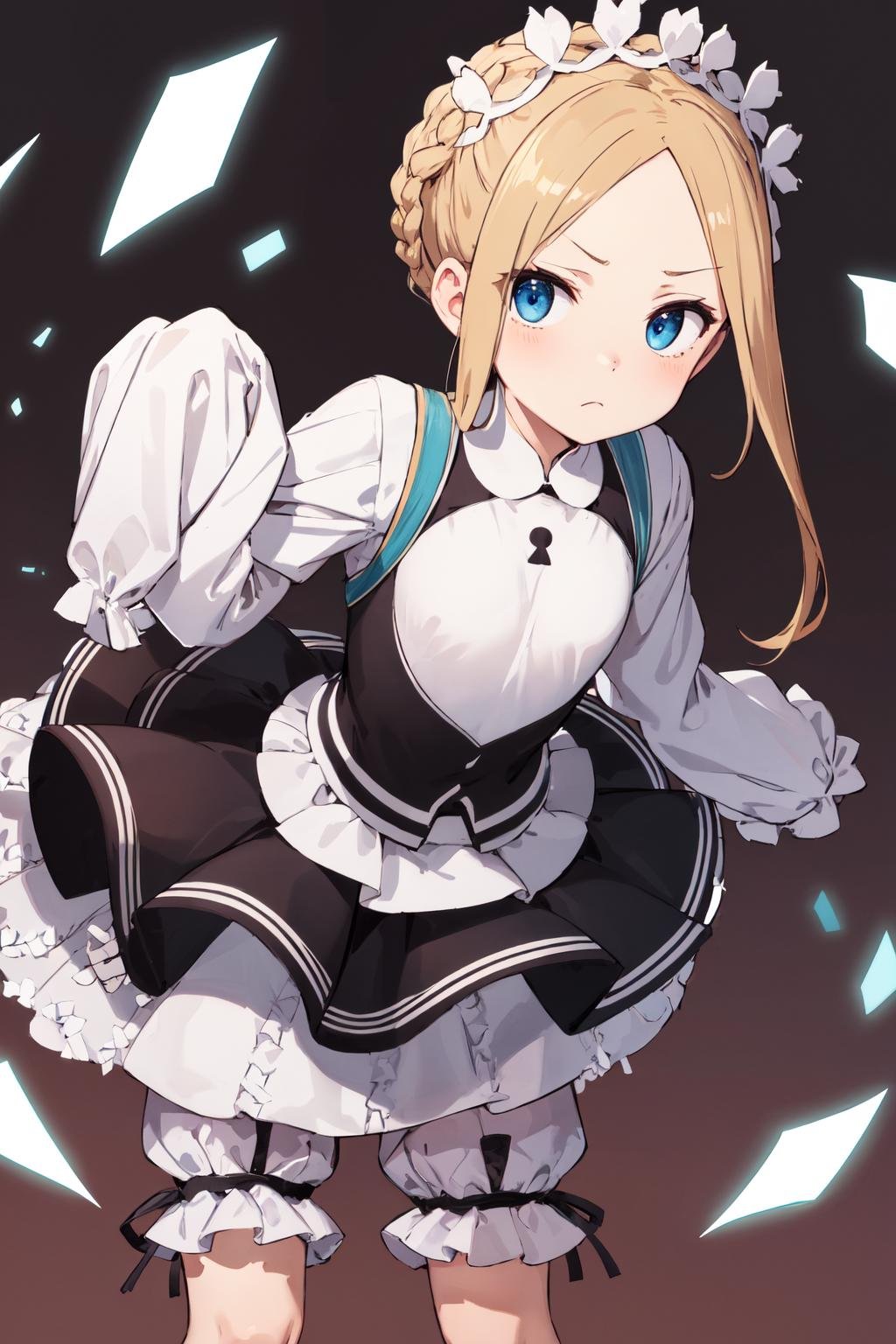 masterpiece, best quality, highres, hmaw5, braid, maid headdress, maid, white shirt, bloomers, sleeves past wrists, <lora:abigail_v1:0.8>, leaning forward, frown,