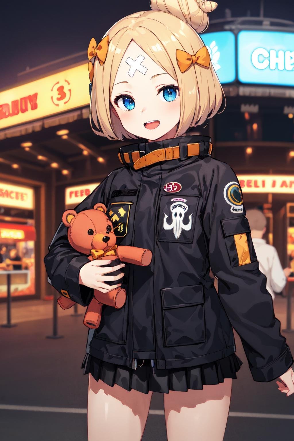 masterpiece, best quality, highres, hmaw3, short hair, bow, single hair bun, (black jacket:1.2), skirt, <lora:abigail_v1:0.8>, cowboy shot, standing, amusement park, smile, open mouth, stuffed animal, teddy bear, holding teddy bear, 