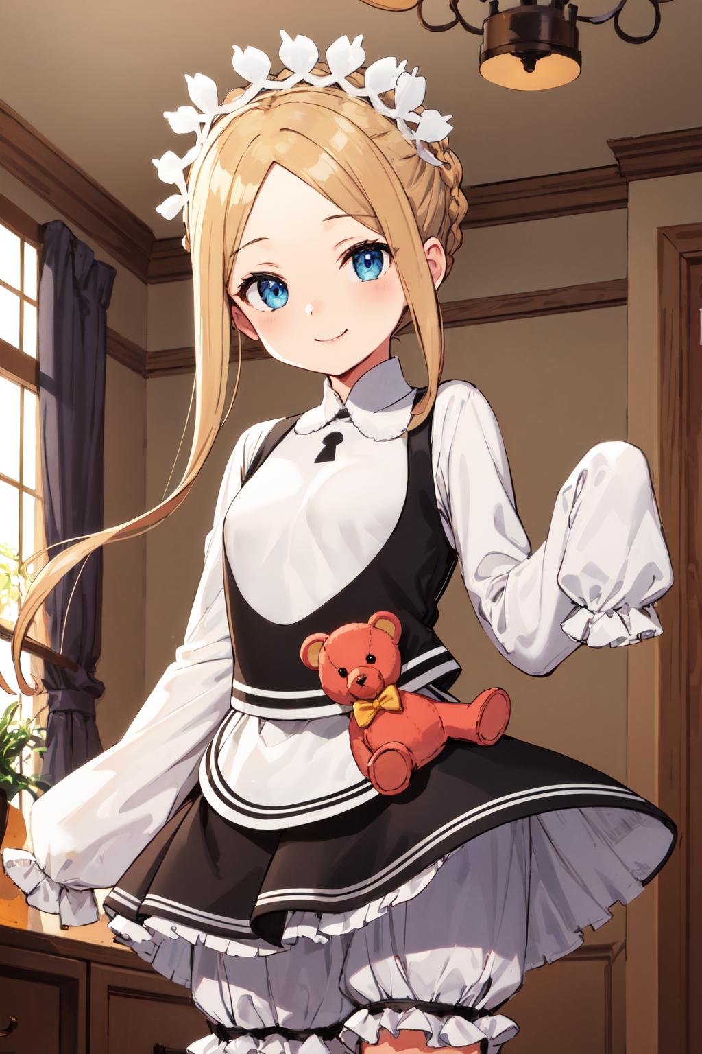 masterpiece, best quality, highres, hmaw5, braid, maid headdress, maid, white shirt, bloomers, sleeves past wrists, <lora:abigail_v1:0.8>, cowboy shot, standing, indoors, smile, stuffed animal, teddy bear, 