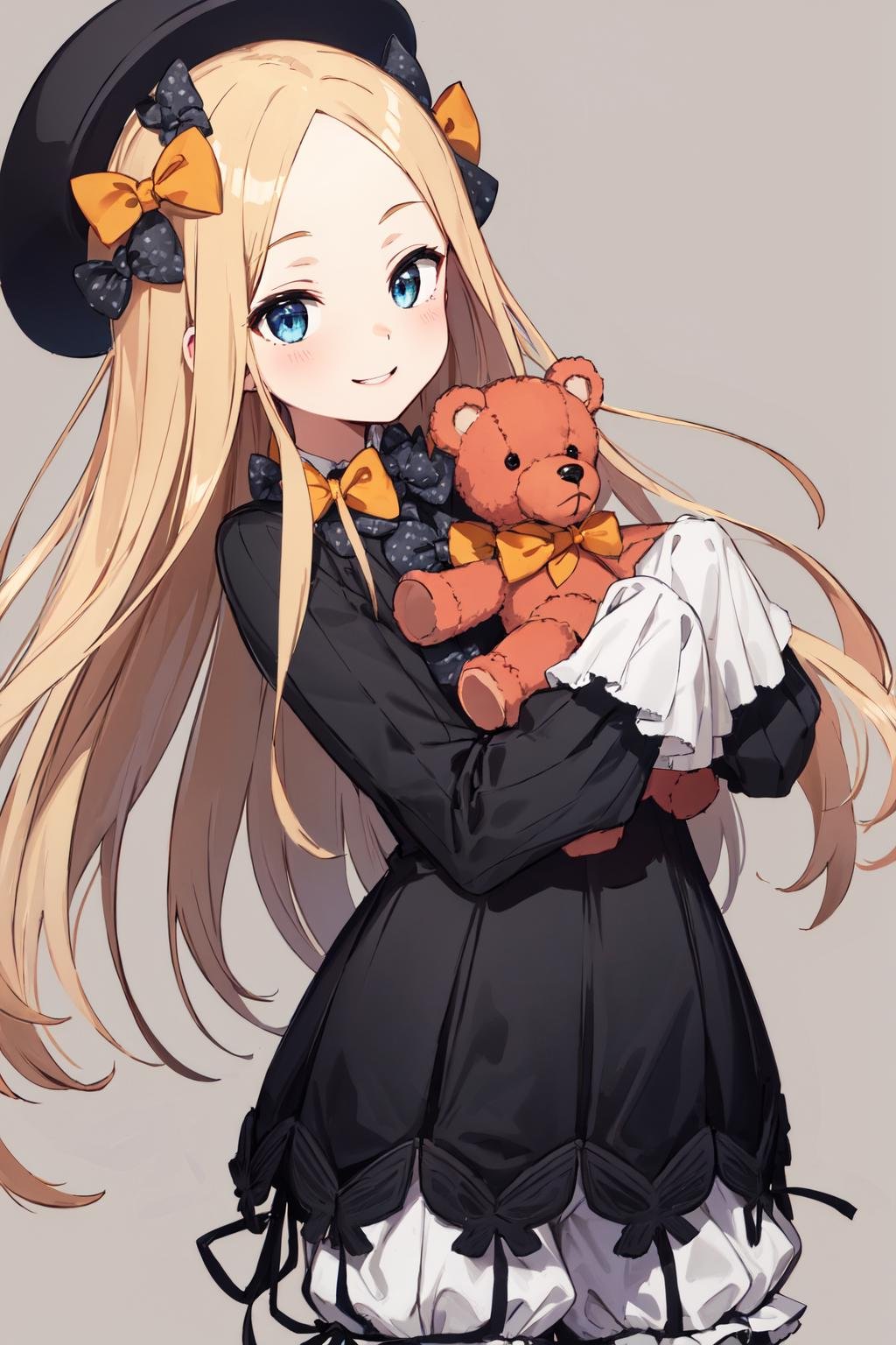 masterpiece, best quality, highres, hmaw1, long hair, hat, black dress, long sleeve, black sleeves, white bloomers, <lora:abigail_v1:0.8>, cowboy shot, stuffed animal, teddy bear, smile, 