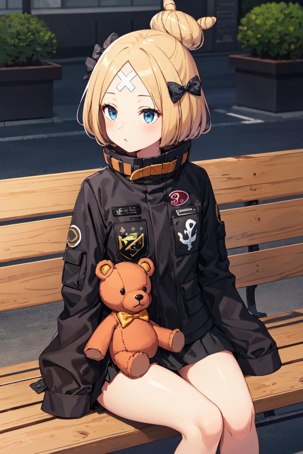 masterpiece, best quality, highres, hmaw3, short hair, bow, single hair bun, (black jacket:1.2), skirt, <lora:abigail_v1:0.8>, cowboy shot, amusement park, sitting, bench, stuffed animal, teddy bear, holding teddy bear, 