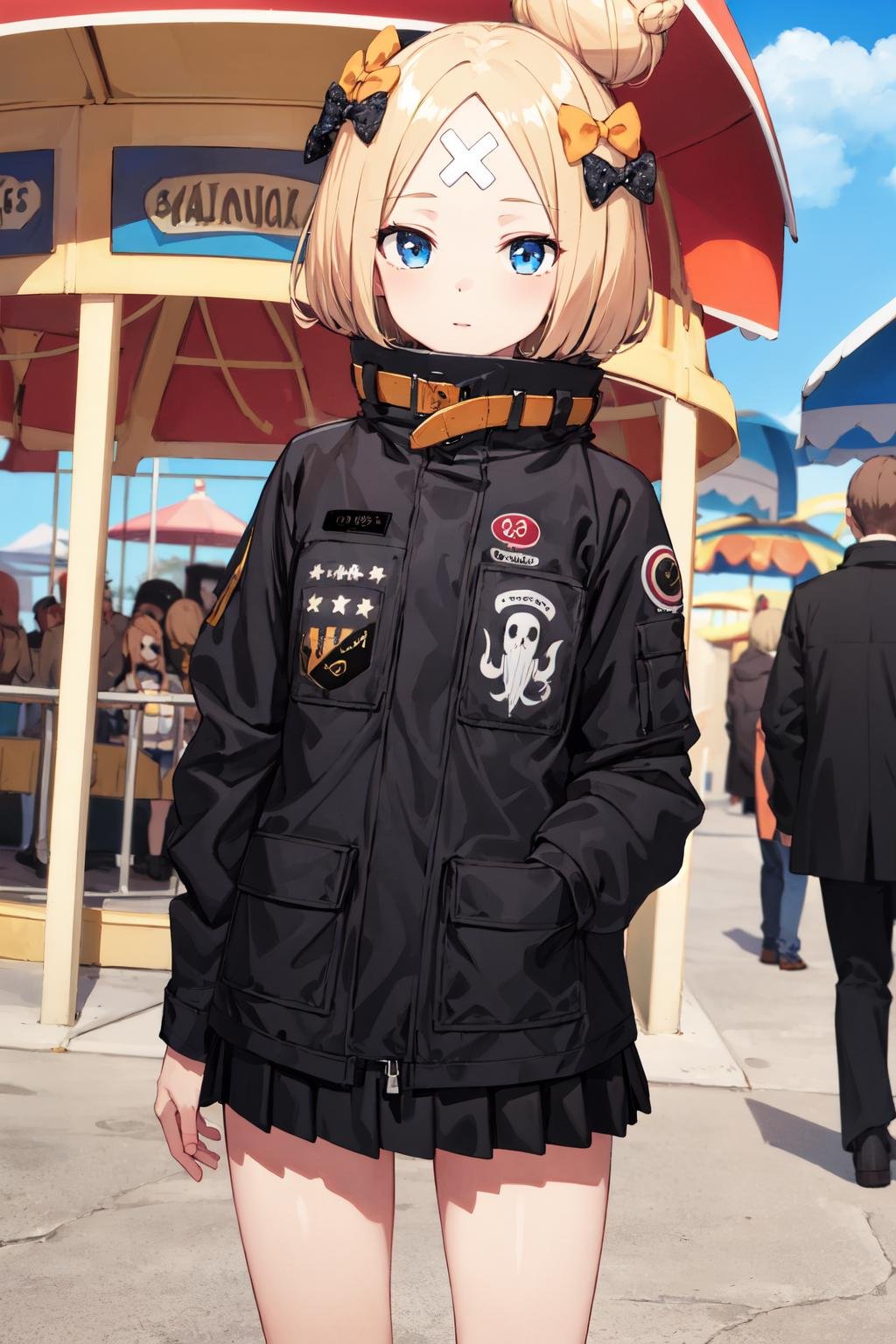 masterpiece, best quality, highres, hmaw3, short hair, bow, single hair bun, (black jacket:1.2), skirt, <lora:abigail_v1:0.8>, cowboy shot, standing, amusement park, 