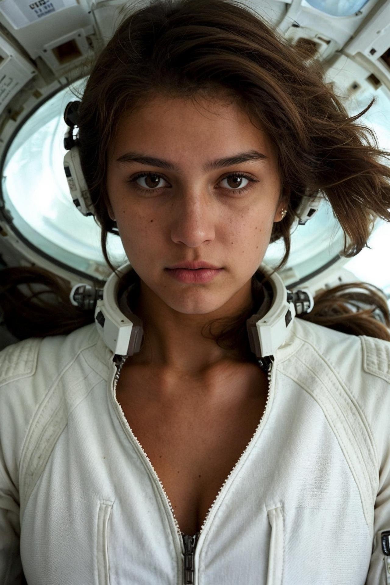 a photo of a messy brown hair girl, unbuttoned white space suit, cleavage, inside spaceship, attractive, looking at viewer, hyperdetailed, closeup