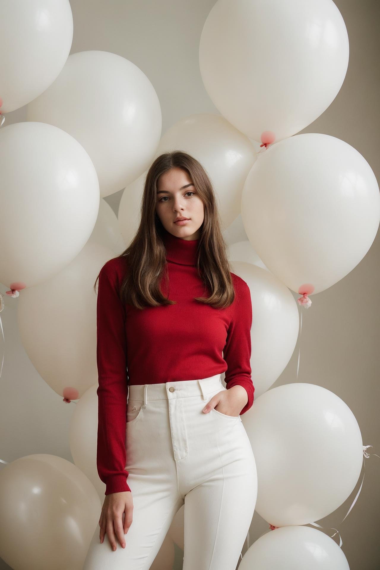 fashion portrait photo of beautiful young woman from the 60s wearing a red turtleneck standing in the middle of a ton of white balloons, taken on a hasselblad medium format camera