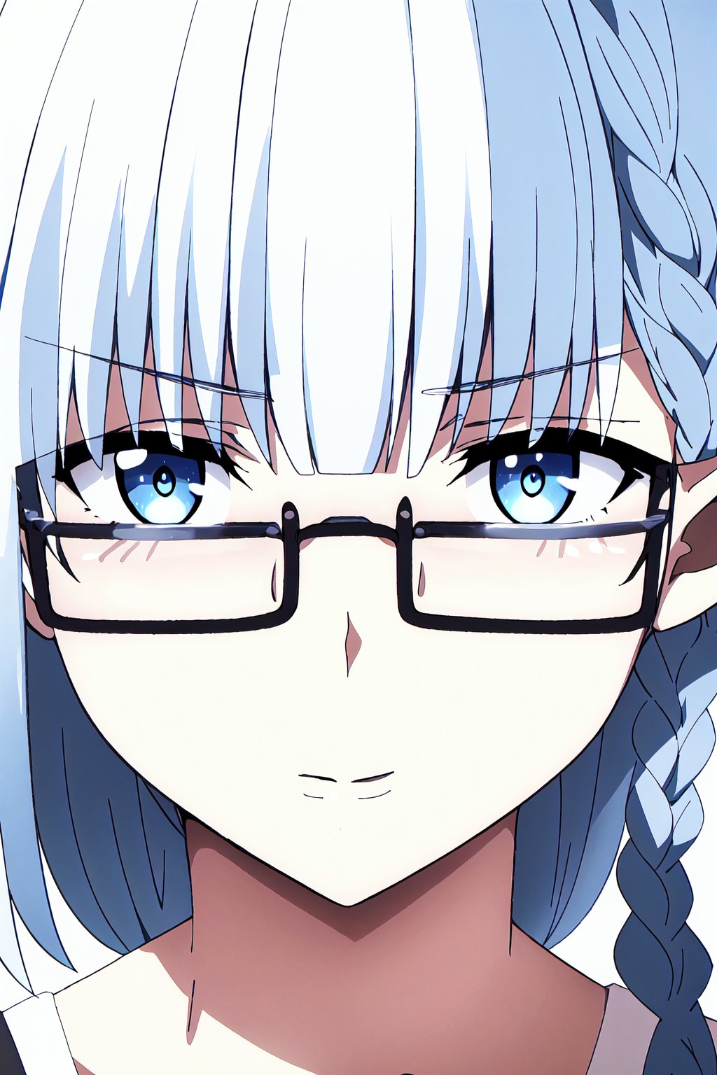 beta,1girl, glasses, blue eyes, braid, solo, semi-rimless eyewear, close-up, under-rim eyewear, looking at viewer, portrait, white hair, pointy ears, black-framed eyewear, closed mouth, bangs


high quality,best quality,ultra detailed,masterpiece,bare shoulders


