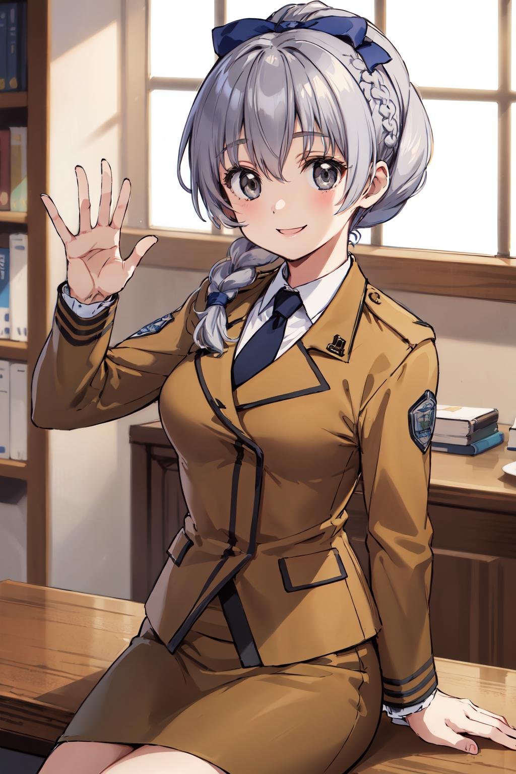 masterpiece, best quality, highres, 1girl, solo, military uniform, braided ponytail, single braid, grey eyes, grey hair, black necktie, blue bow, brown skirt, <lora:teletha_testarossa_v1:0.6>, waving, smile, indoors