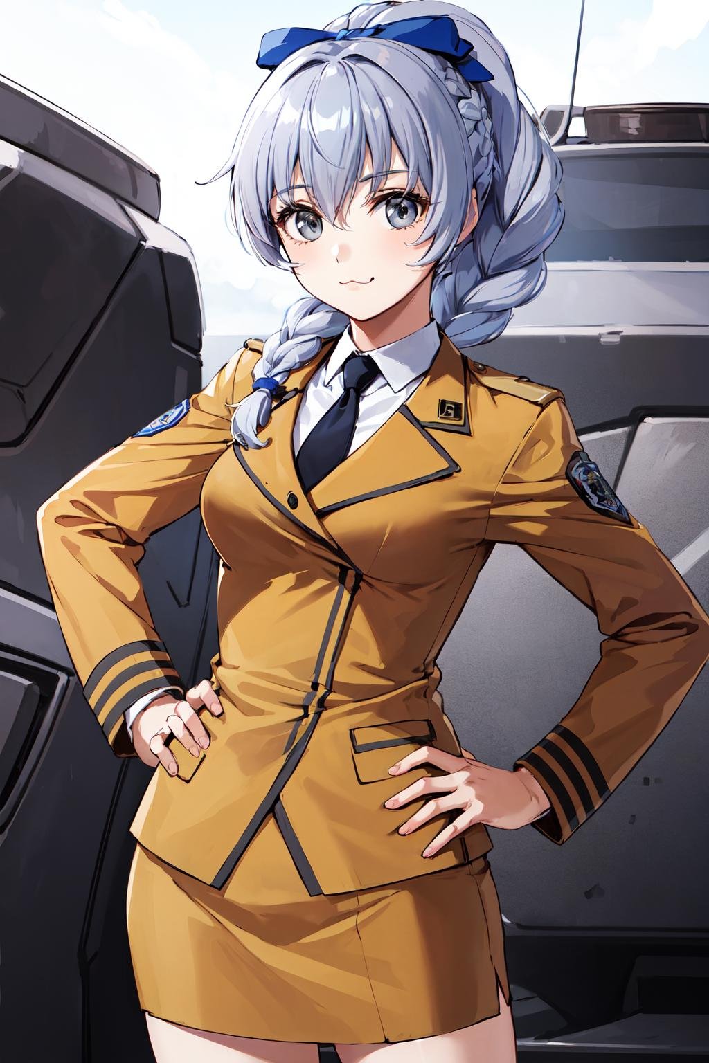 masterpiece, best quality, highres, 1girl, solo, military uniform, braided ponytail, single braid, grey eyes, grey hair, black necktie, blue bow, brown skirt, <lora:teletha_testarossa_v1:0.6>, hand on hip, :3, cowboy shot, standing, 