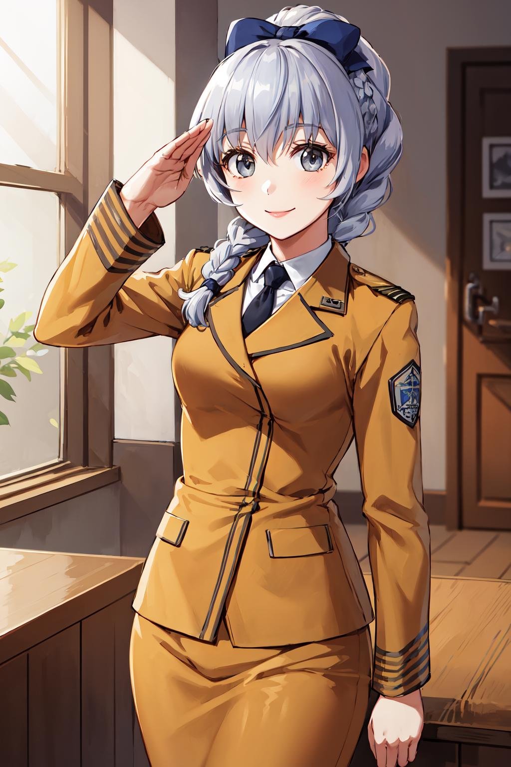 masterpiece, best quality, highres, 1girl, solo, military uniform, braided ponytail, single braid, grey eyes, grey hair, black necktie, blue bow, brown skirt, <lora:teletha_testarossa_v1:0.6>, salute, smile, indoors, cowboy shot