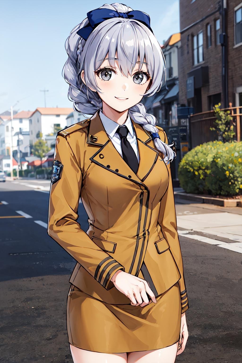 masterpiece, best quality, highres, 1girl, solo, military uniform, braided ponytail, single braid, grey eyes, grey hair, black necktie, blue bow, brown skirt, smile, outdoors,  <lora:teletha_testarossa_v1:0.6>, standing, cowboy shot