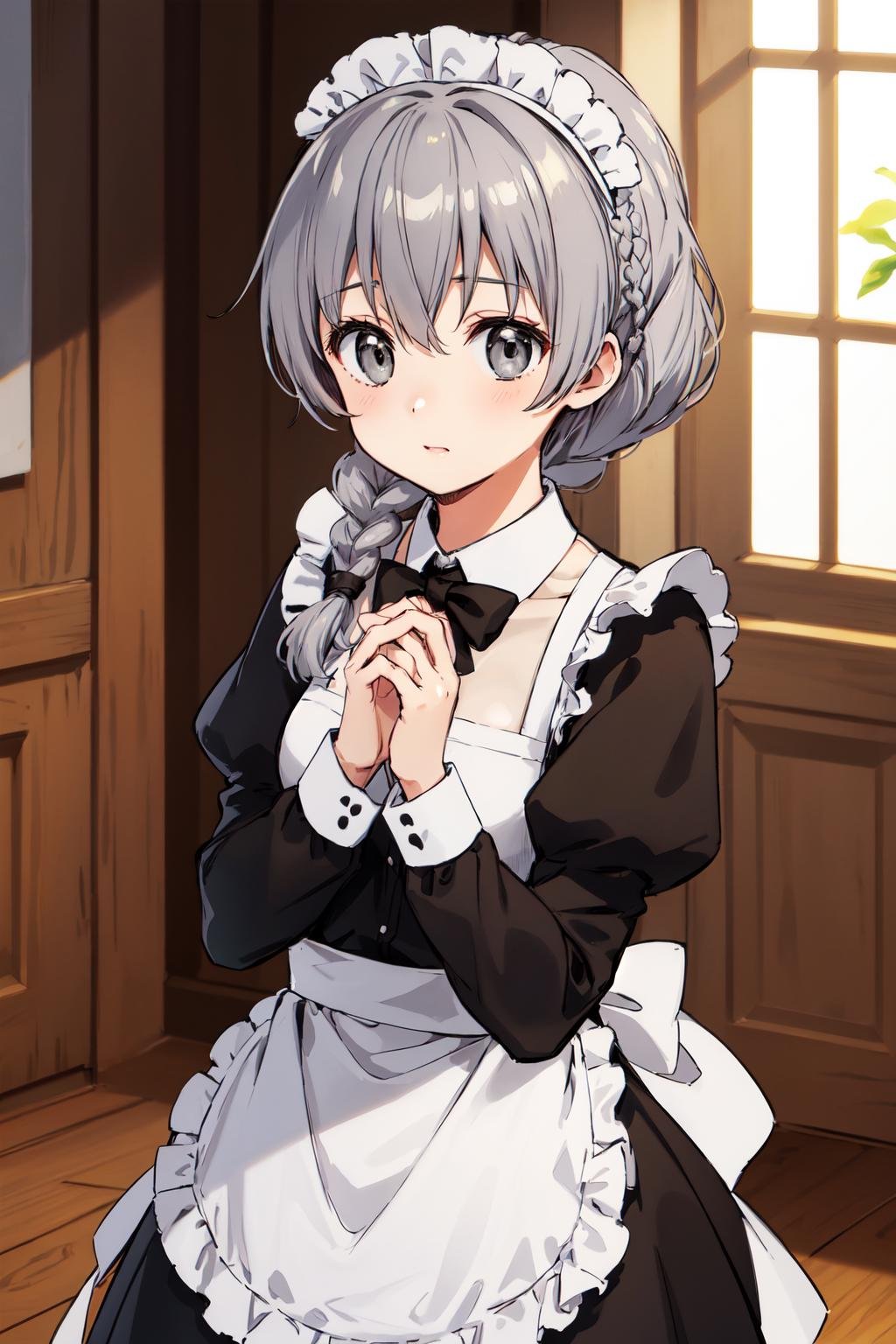 masterpiece, best quality, highres, 1girl, solo, braided ponytail, single braid, grey eyes, grey hair, <lora:teletha_testarossa_v1:0.6>, maid, maid headdress, maid apron, indoors, own hands together, 