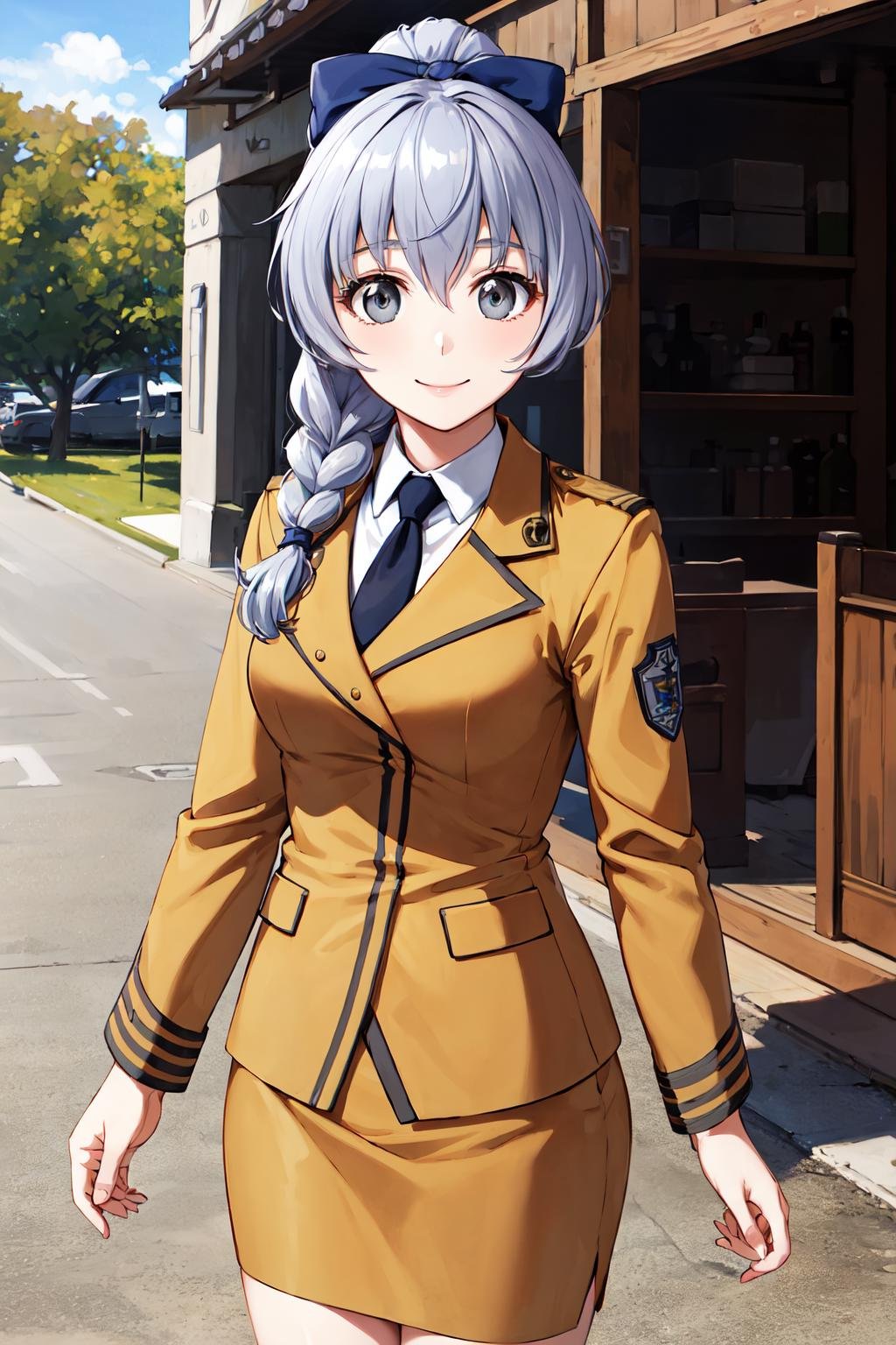 masterpiece, best quality, highres, 1girl, solo, military uniform, braided ponytail, single braid, grey eyes, grey hair, black necktie, blue bow, brown skirt, smile, outdoors,  <lora:teletha_testarossa_v1:0.6>, standing, cowboy shot