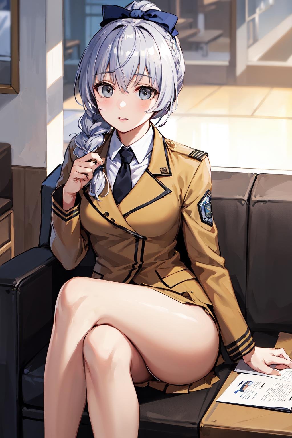 masterpiece, best quality, highres, 1girl, solo, military uniform, braided ponytail, single braid, grey eyes, grey hair, black necktie, blue bow, brown skirt, <lora:teletha_testarossa_v1:0.6>, sitting, seat, indoors