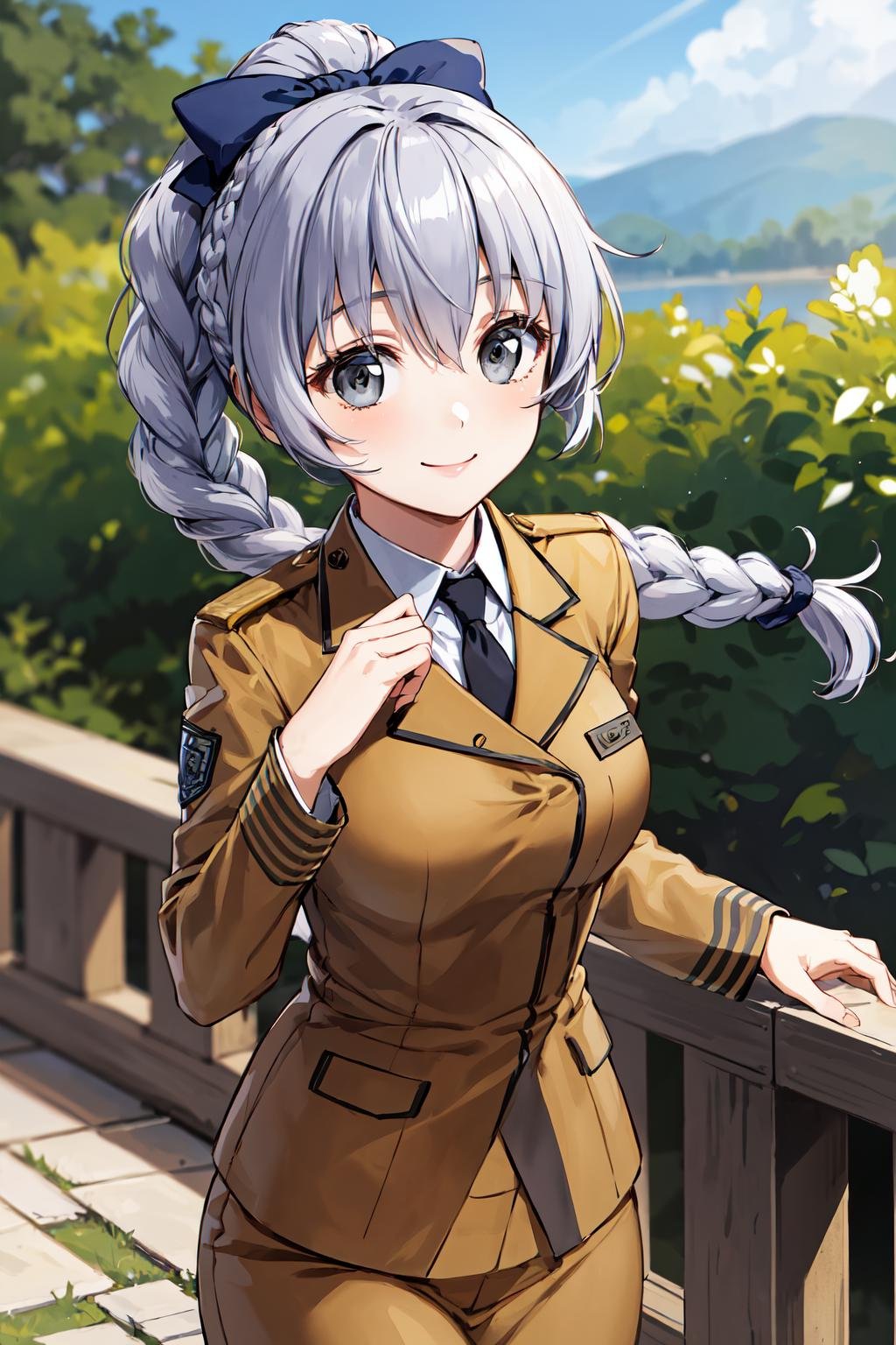 masterpiece, best quality, highres, 1girl, solo, military uniform, braided ponytail, single braid, grey eyes, grey hair, black necktie, blue bow, brown skirt, smile, outdoors,  <lora:teletha_testarossa_v1:0.6>, standing, cowboy shot